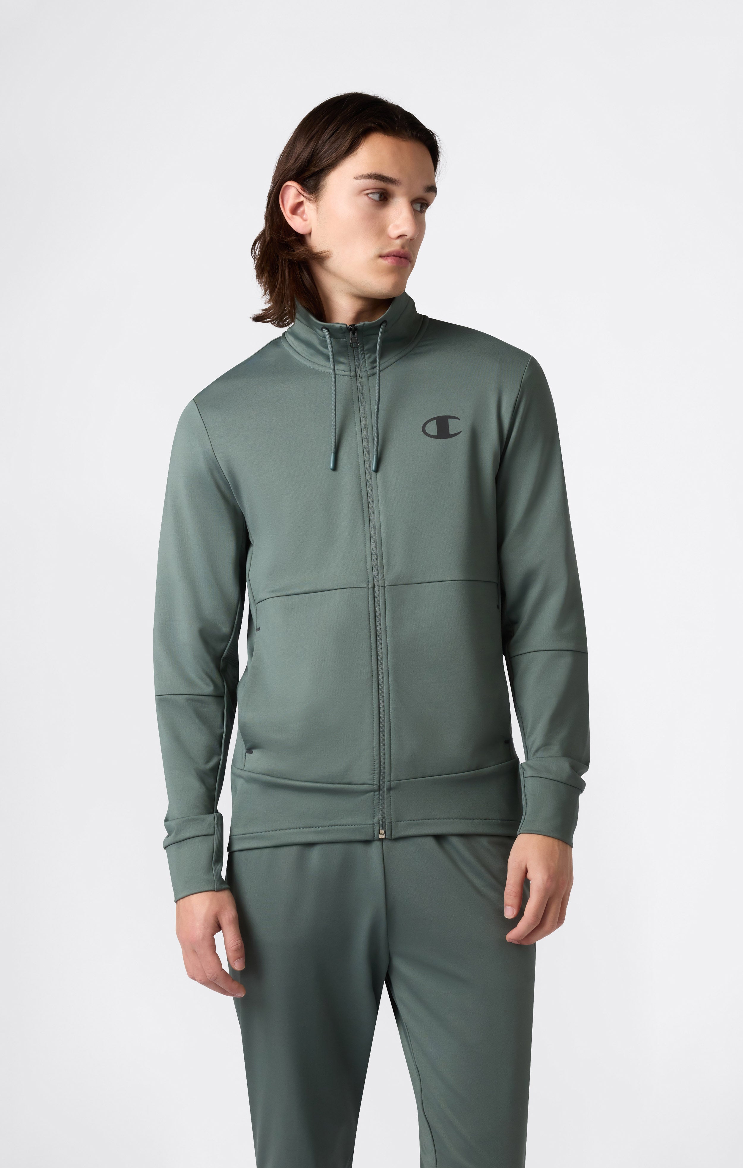 Men's Slim Fit Full-Zip Stretch Poly Hoodie Green / Grey champion