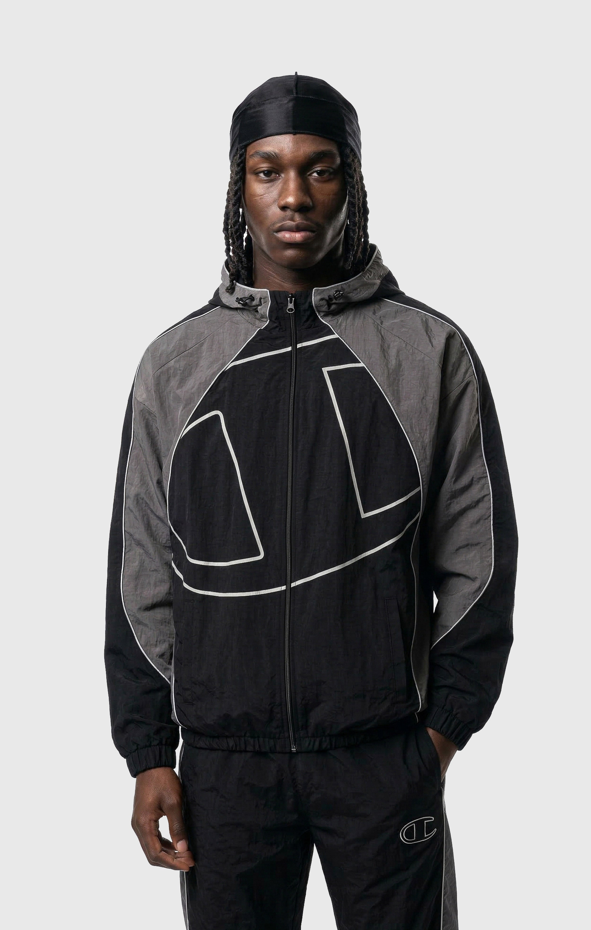 ウェア Campion Men's Woven Nylon Full-Zip Hooded Track Top Loose Fit Black