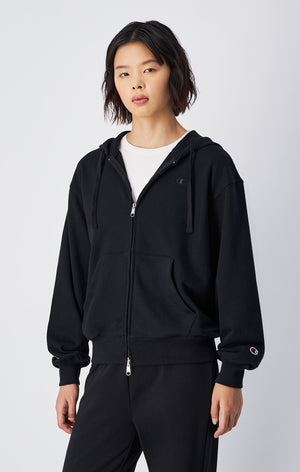 Women's Lightweight Full-Zip Hoodie with Tone-on-Tone C Logo Black