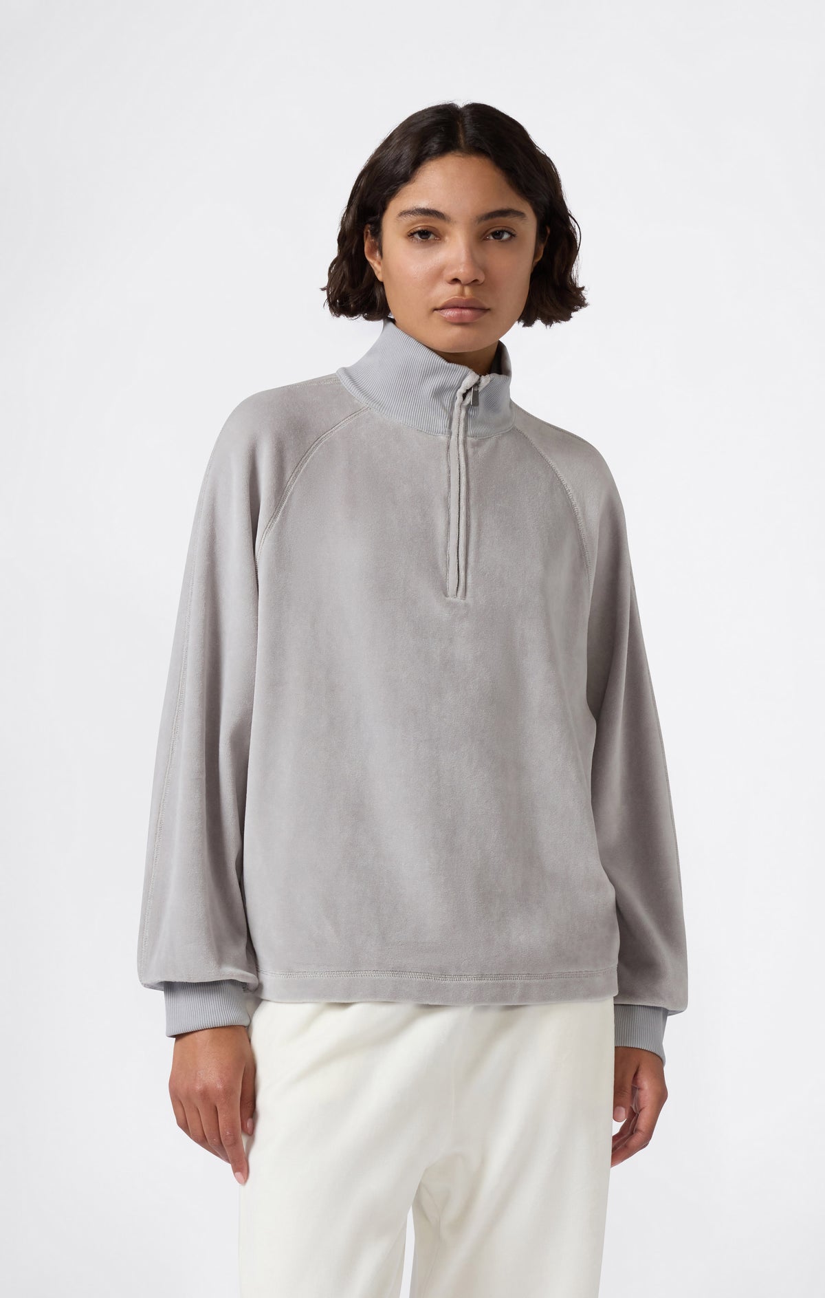 Velours-Sweatshirt mit halbem Reißverschluss für Damen