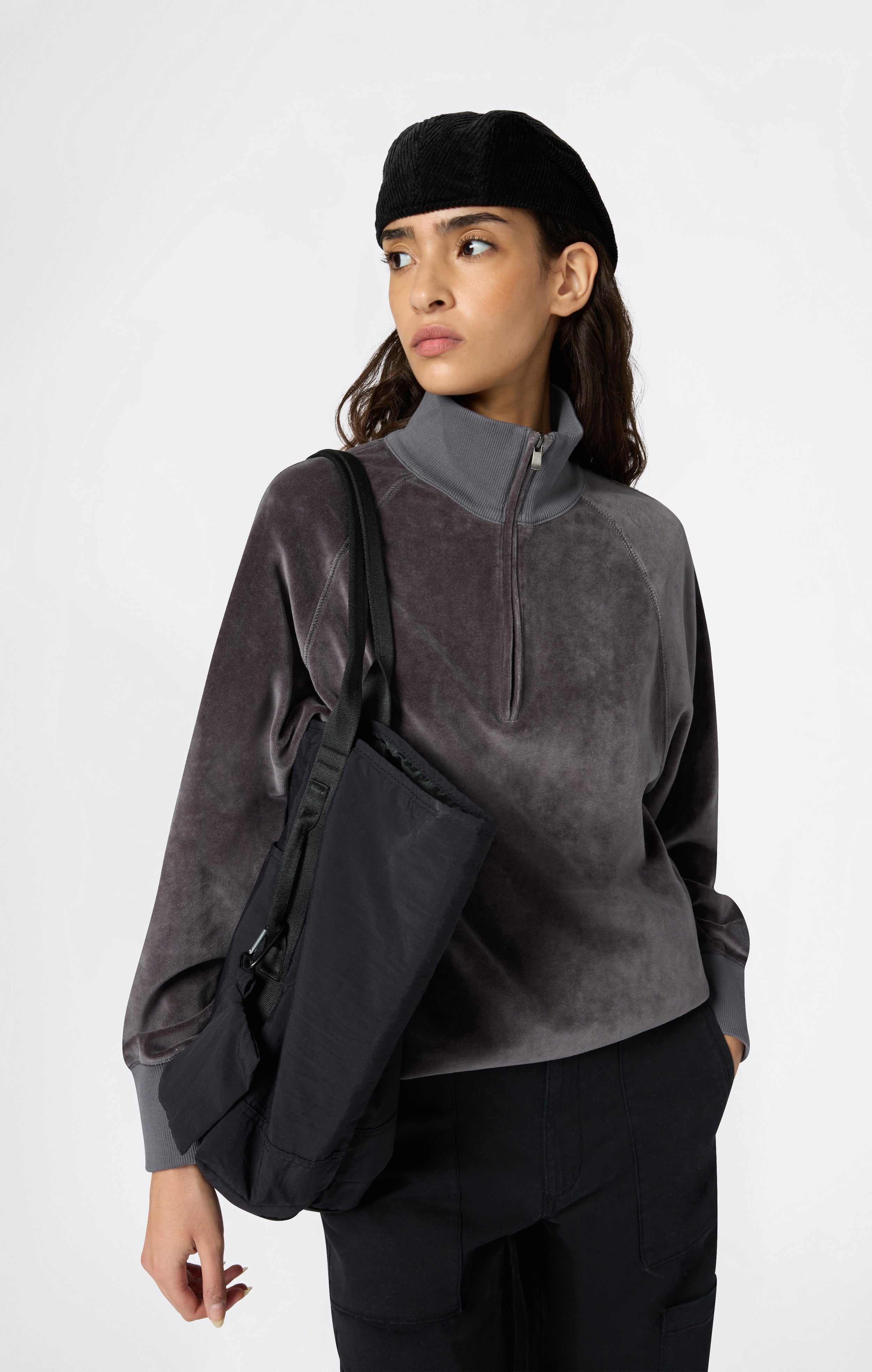 Velours-Sweatshirt mit halbem Reißverschluss für Damen