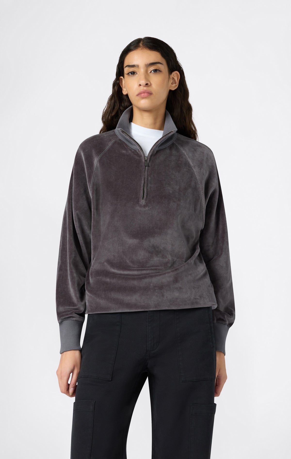 Velours-Sweatshirt mit halbem Reißverschluss für Damen