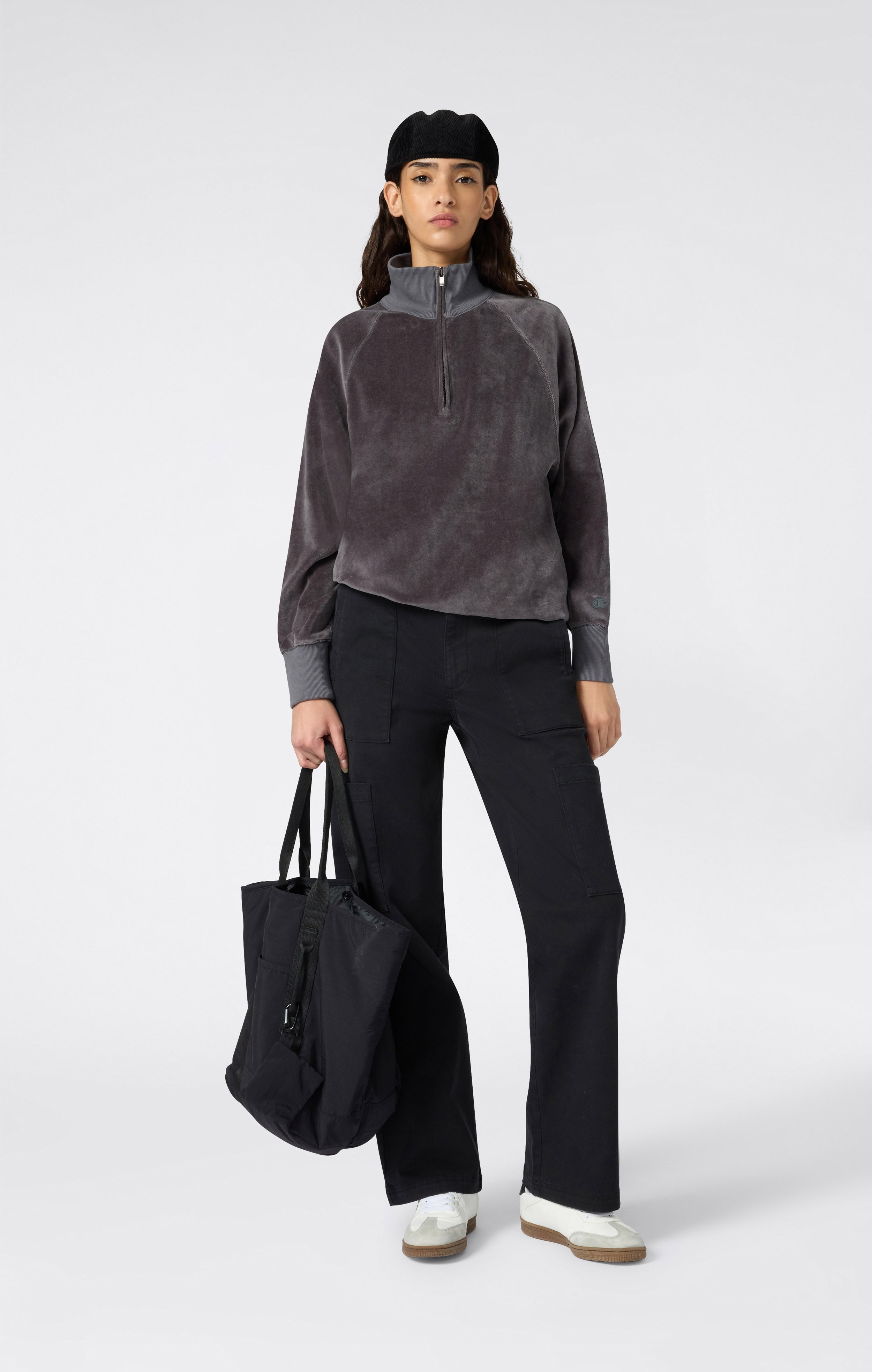 Velours-Sweatshirt mit halbem Reißverschluss für Damen