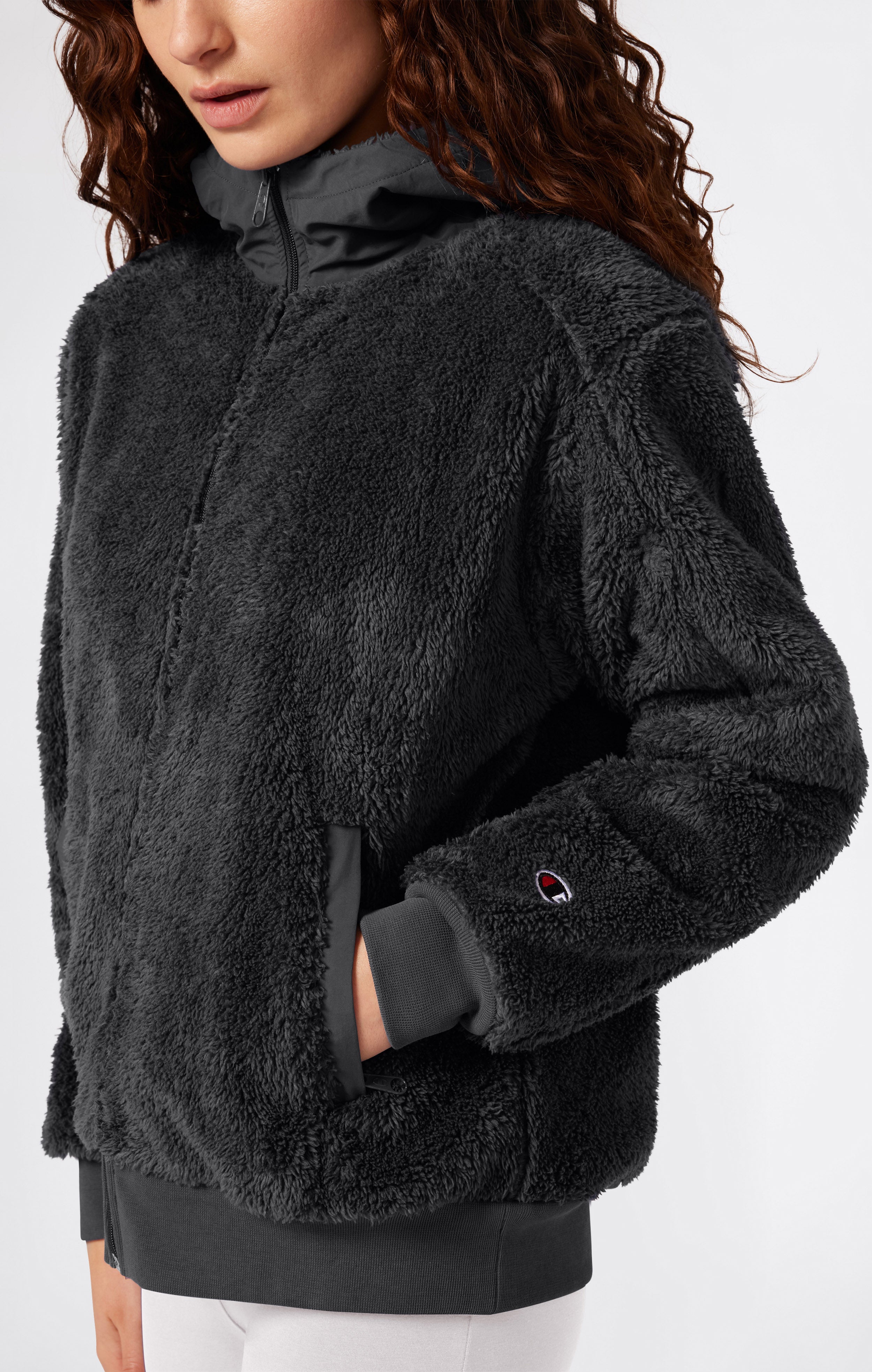 Damen-Polar-Teddy-Kapuzenjacke mit durchgehendem Reißverschluss