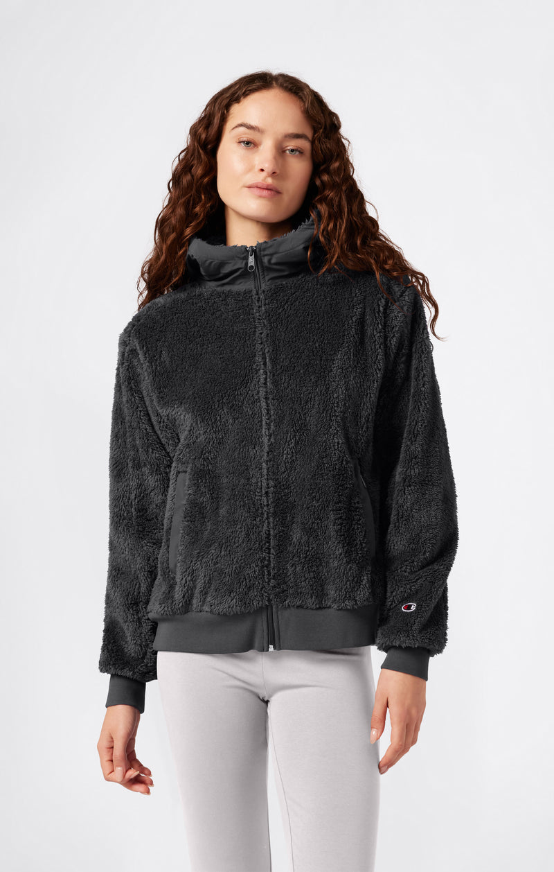 Sweat à capuche zippé intégral en Polar Teddy pour Femme Noir