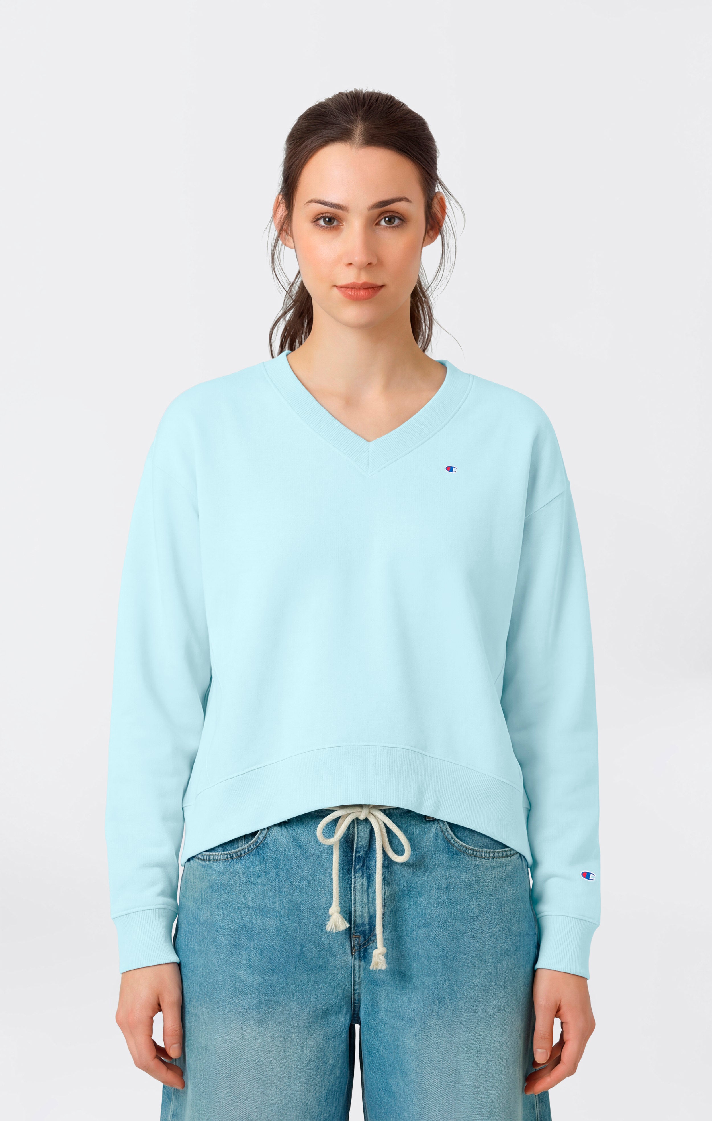 Damen Leichtes Reverse Weave Sweatshirt mit V-Ausschnitt