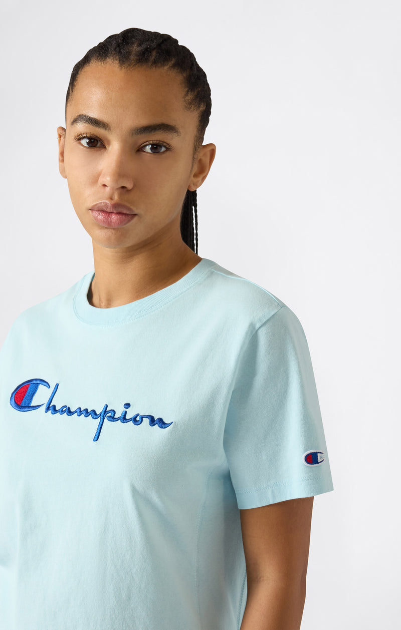 T-Shirt Girocollo con Logo Ricamato Reverse Weave da Donna