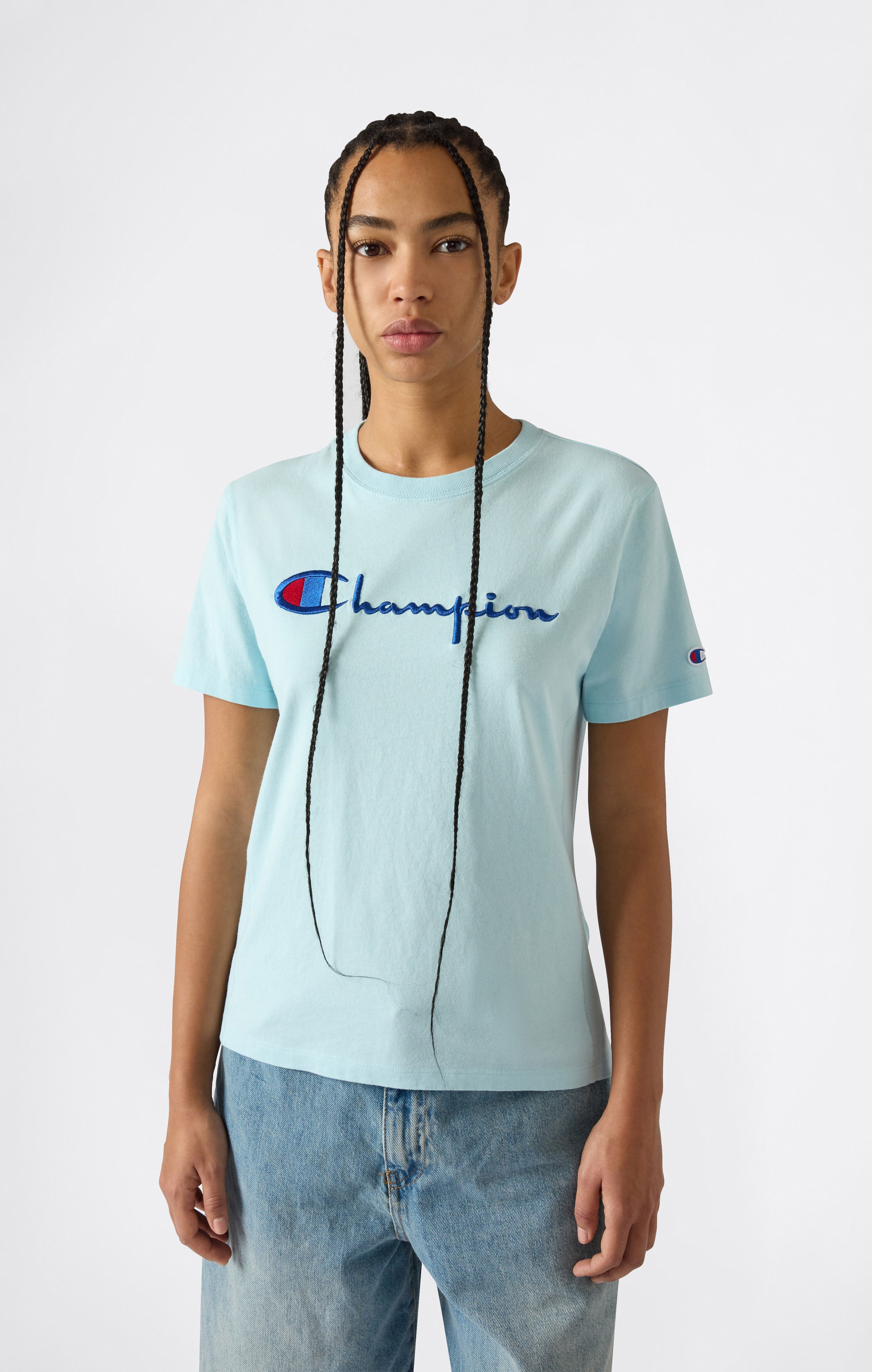 T-Shirt Girocollo con Logo Ricamato Reverse Weave da Donna
