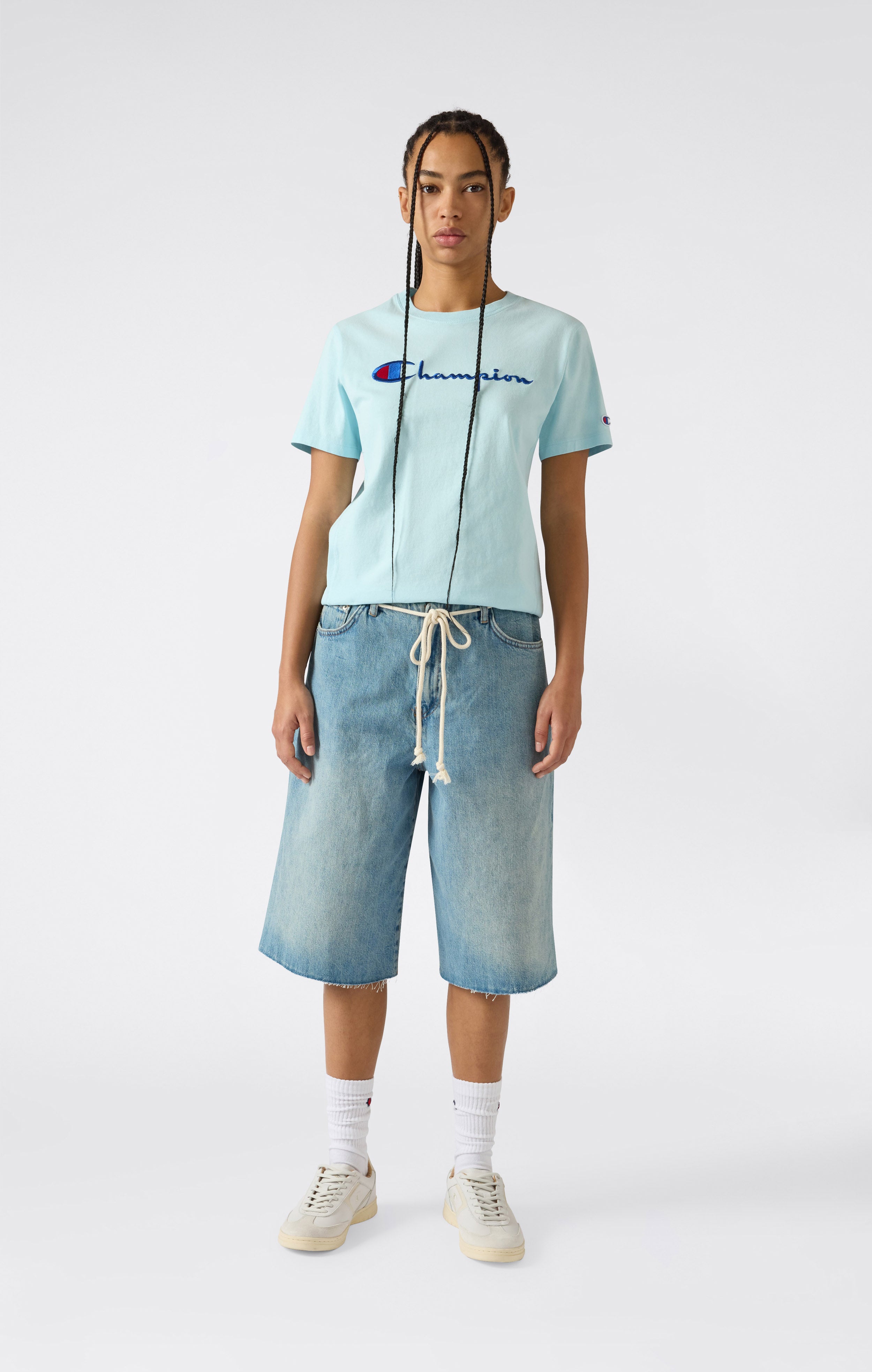 T-Shirt Girocollo con Logo Ricamato Reverse Weave da Donna