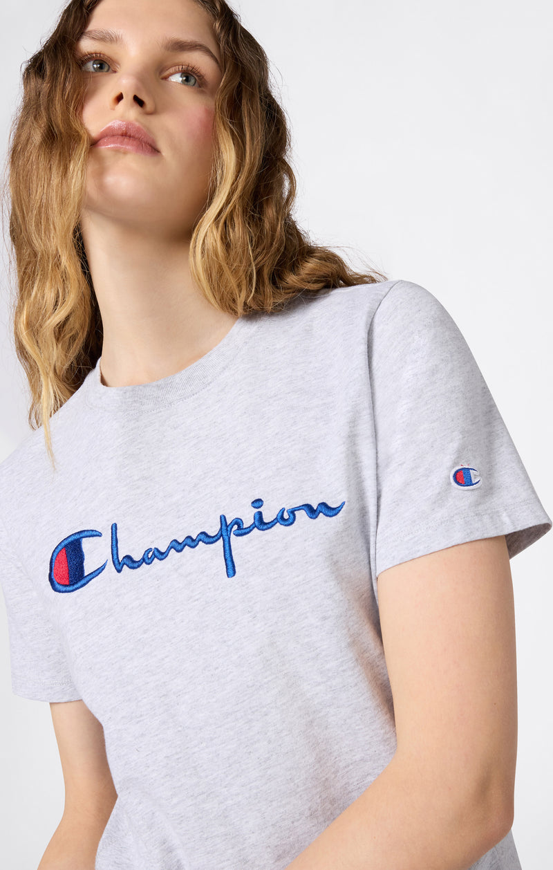 Women’s Reverse Weave Crewneck T-Shirt with Embroidered Logo