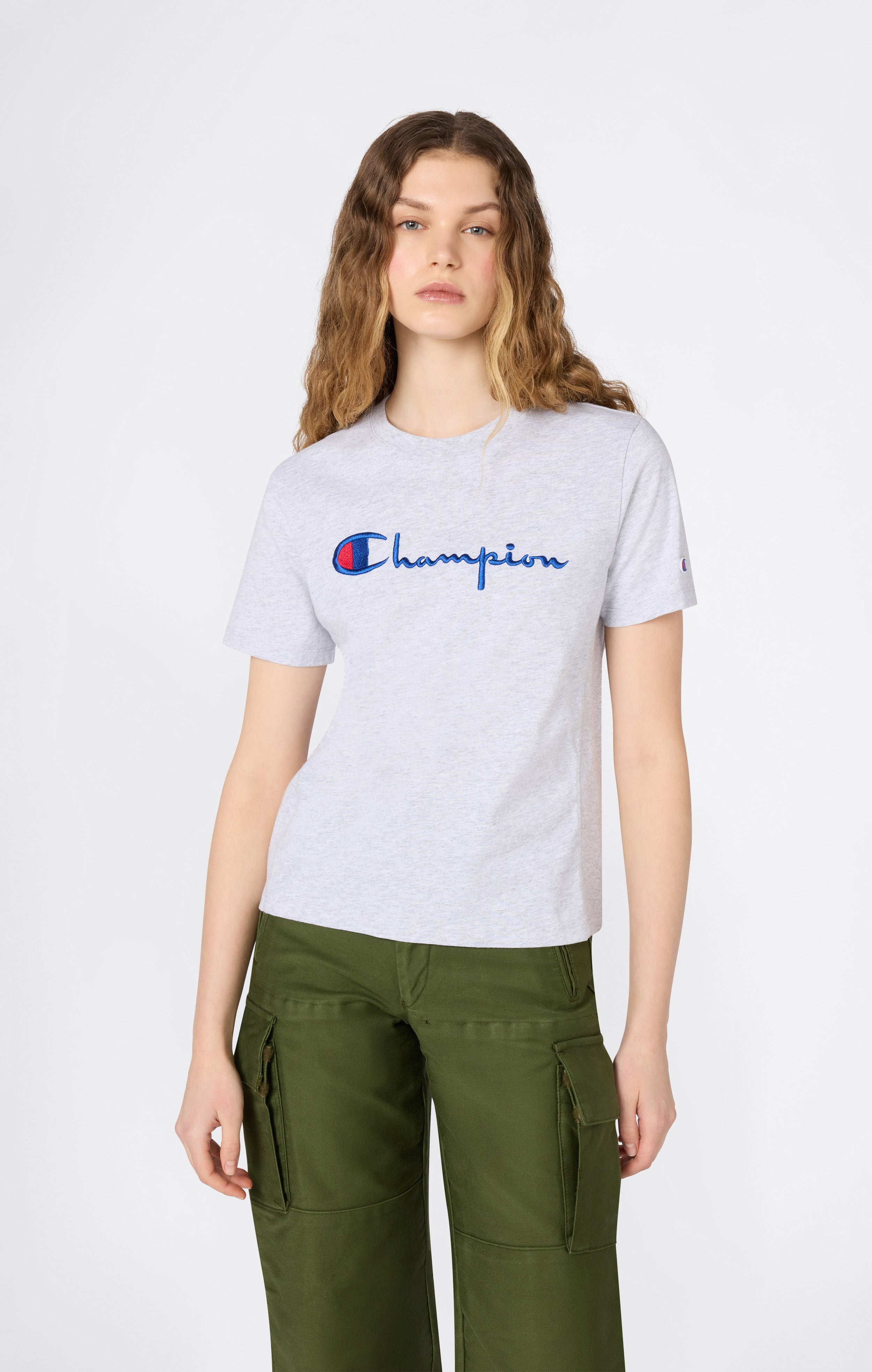 Women’s Reverse Weave Crewneck T-Shirt with Embroidered Logo