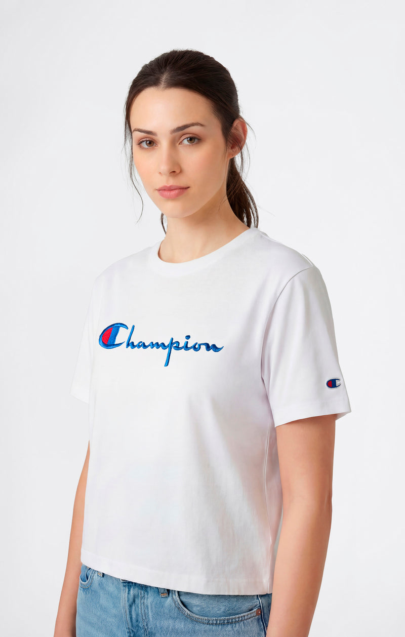 T-Shirt Girocollo con Logo Ricamato Reverse Weave da Donna