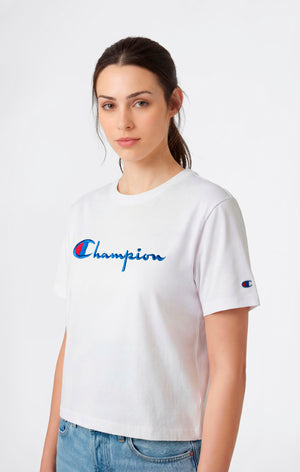 T-Shirt Girocollo con Logo Ricamato Reverse Weave da Donna