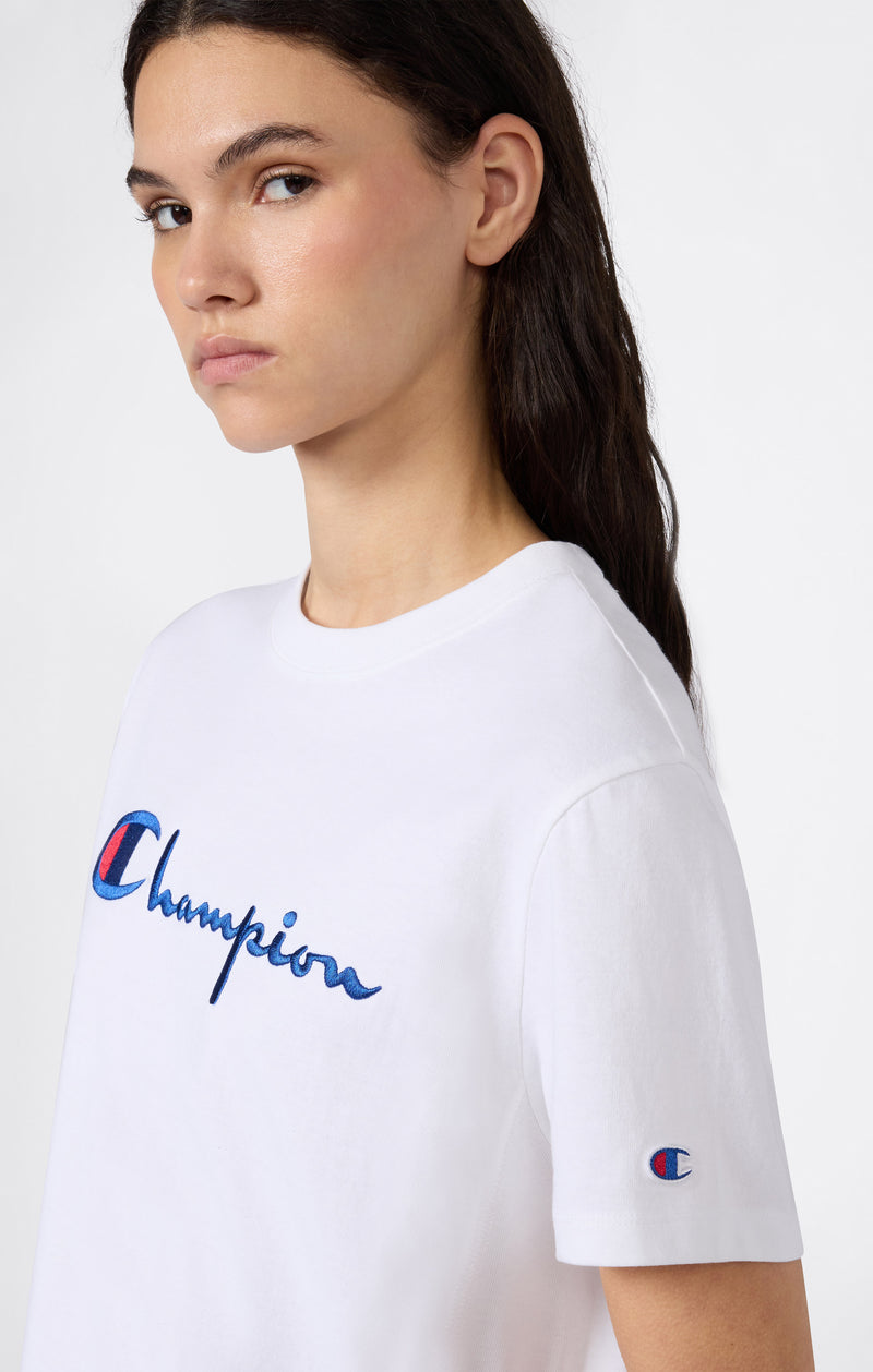 Women’s Reverse Weave Crewneck T-Shirt with Embroidered Logo