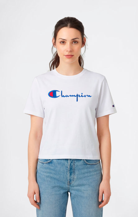 Damen Reverse Weave T-Shirt mit Rundhalsausschnitt und gesticktem Logo