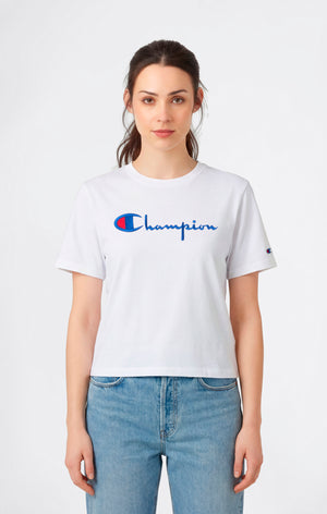 T-Shirt Girocollo con Logo Ricamato Reverse Weave da Donna