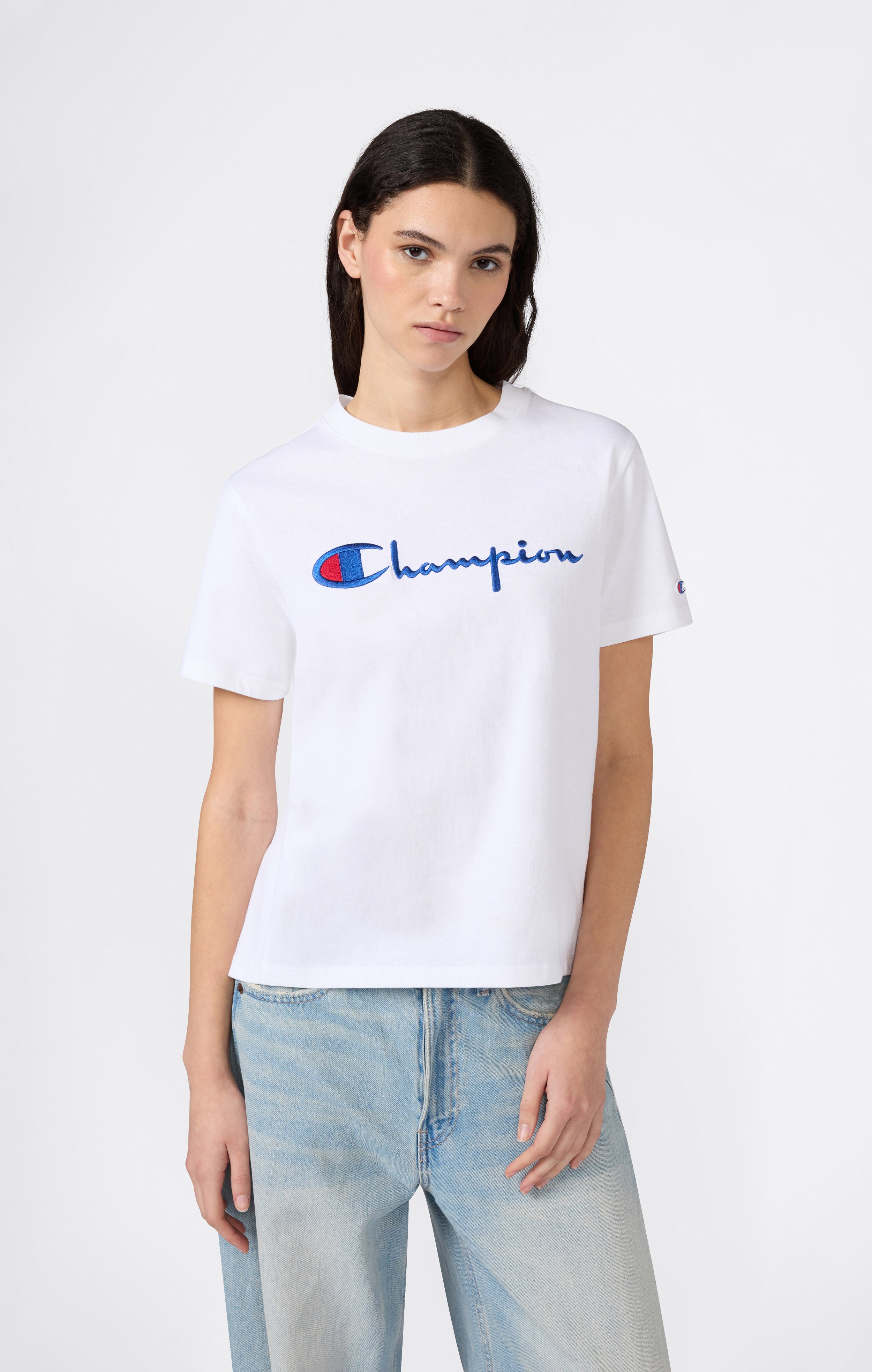 Women’s Reverse Weave Crewneck T-Shirt with Embroidered Logo