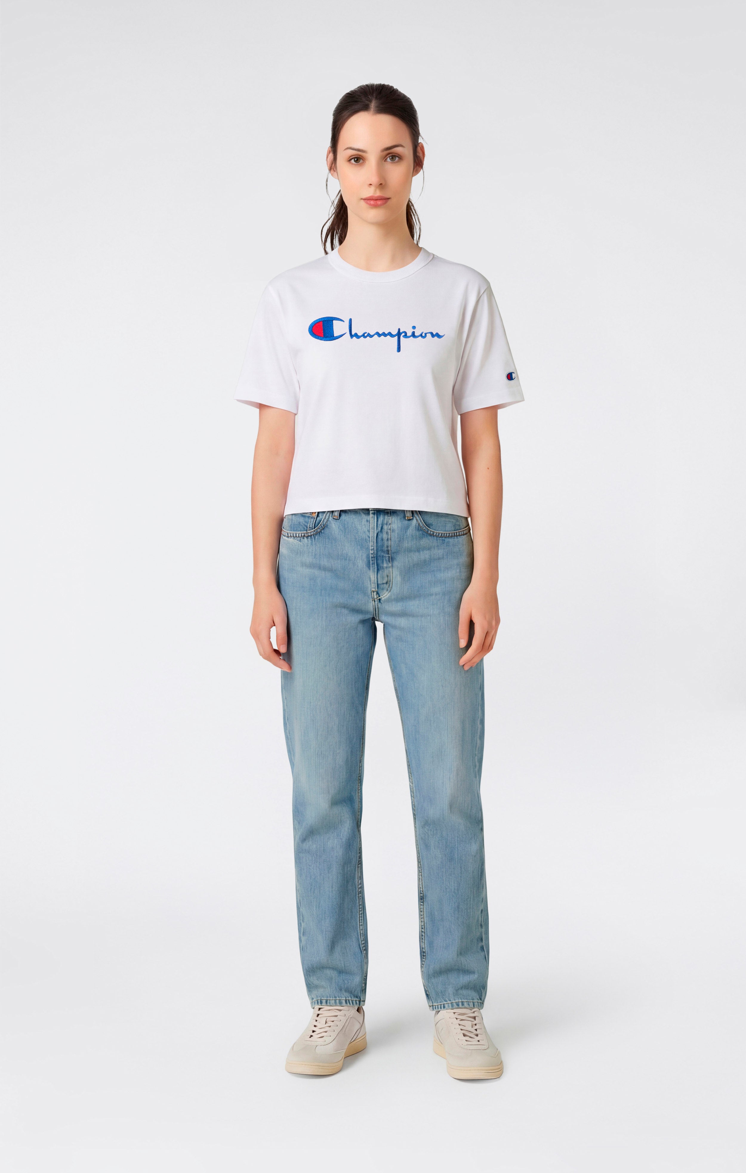 T-Shirt Girocollo con Logo Ricamato Reverse Weave da Donna