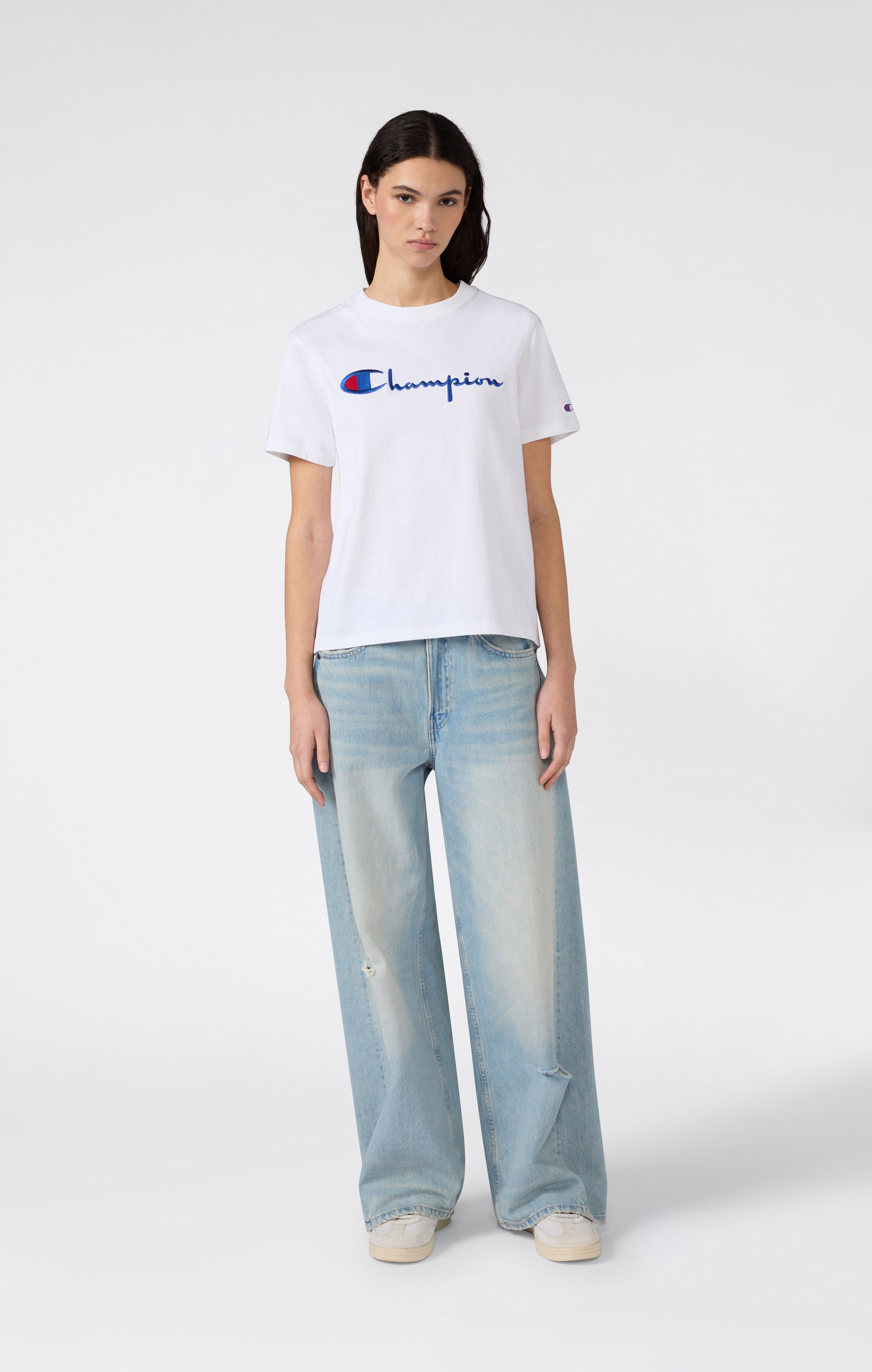 Women’s Reverse Weave Crewneck T-Shirt with Embroidered Logo