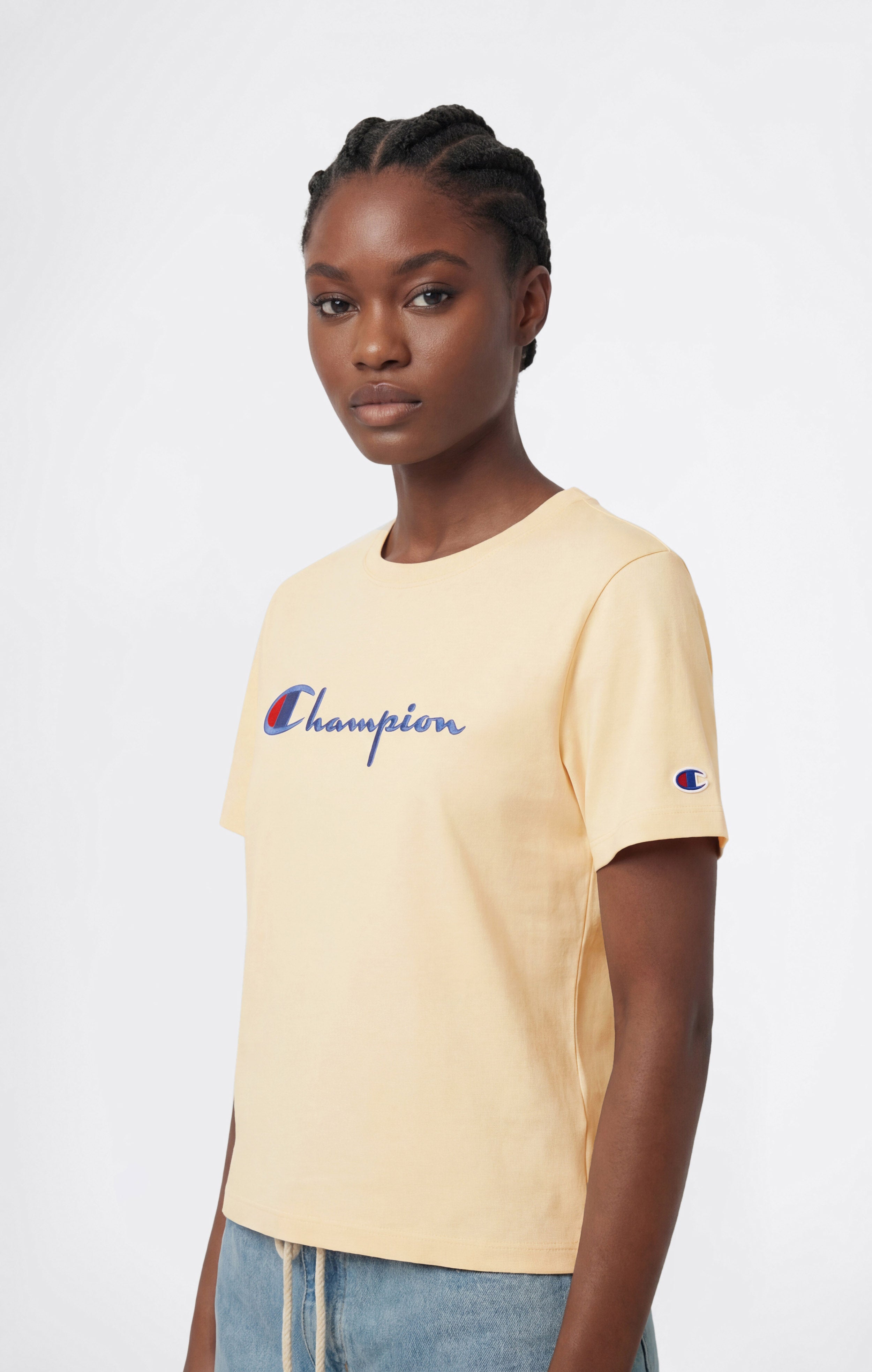 Damen Reverse Weave T-Shirt mit Rundhalsausschnitt und gesticktem Logo