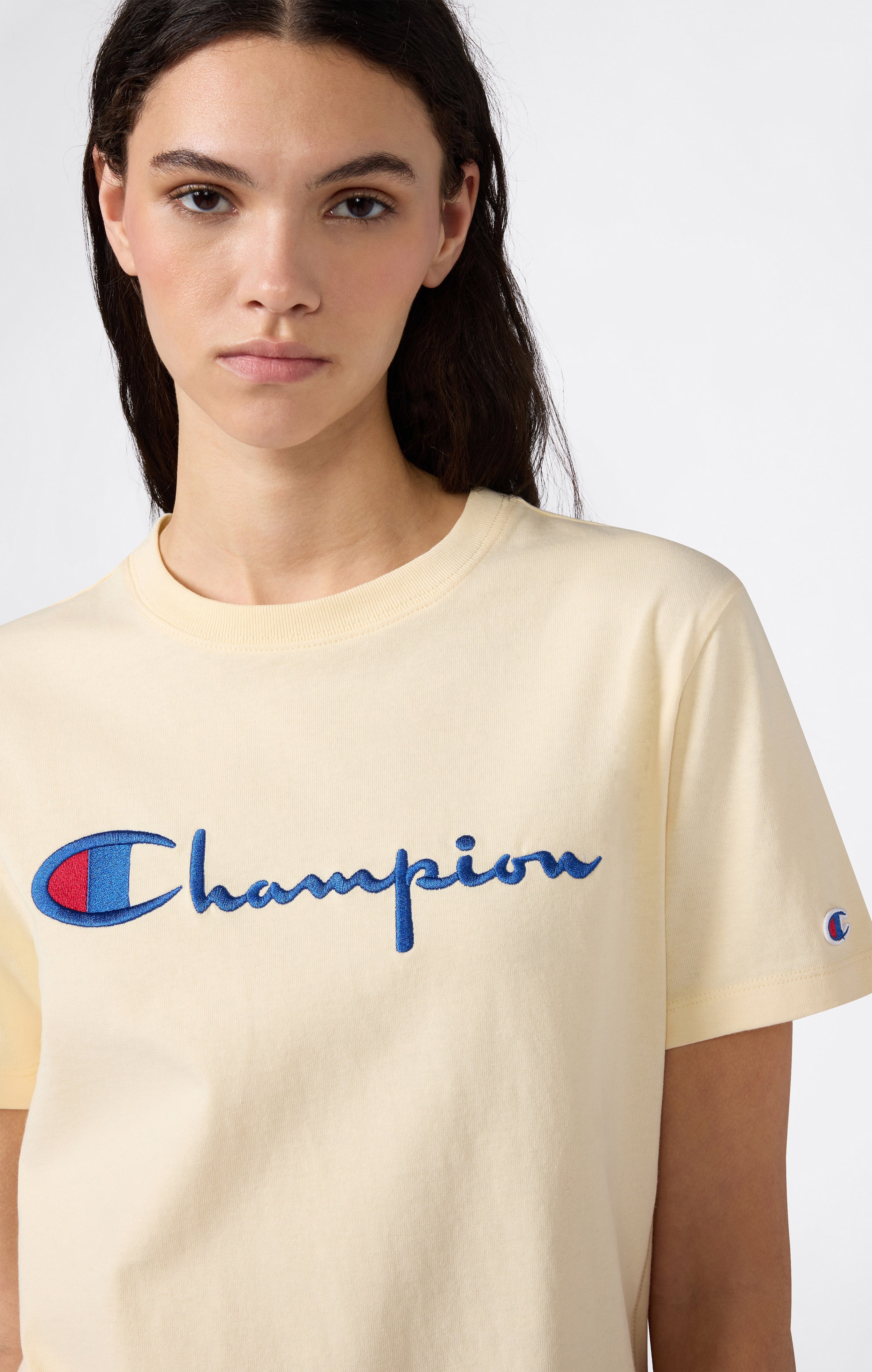 T-Shirt Girocollo con Logo Ricamato Reverse Weave da Donna