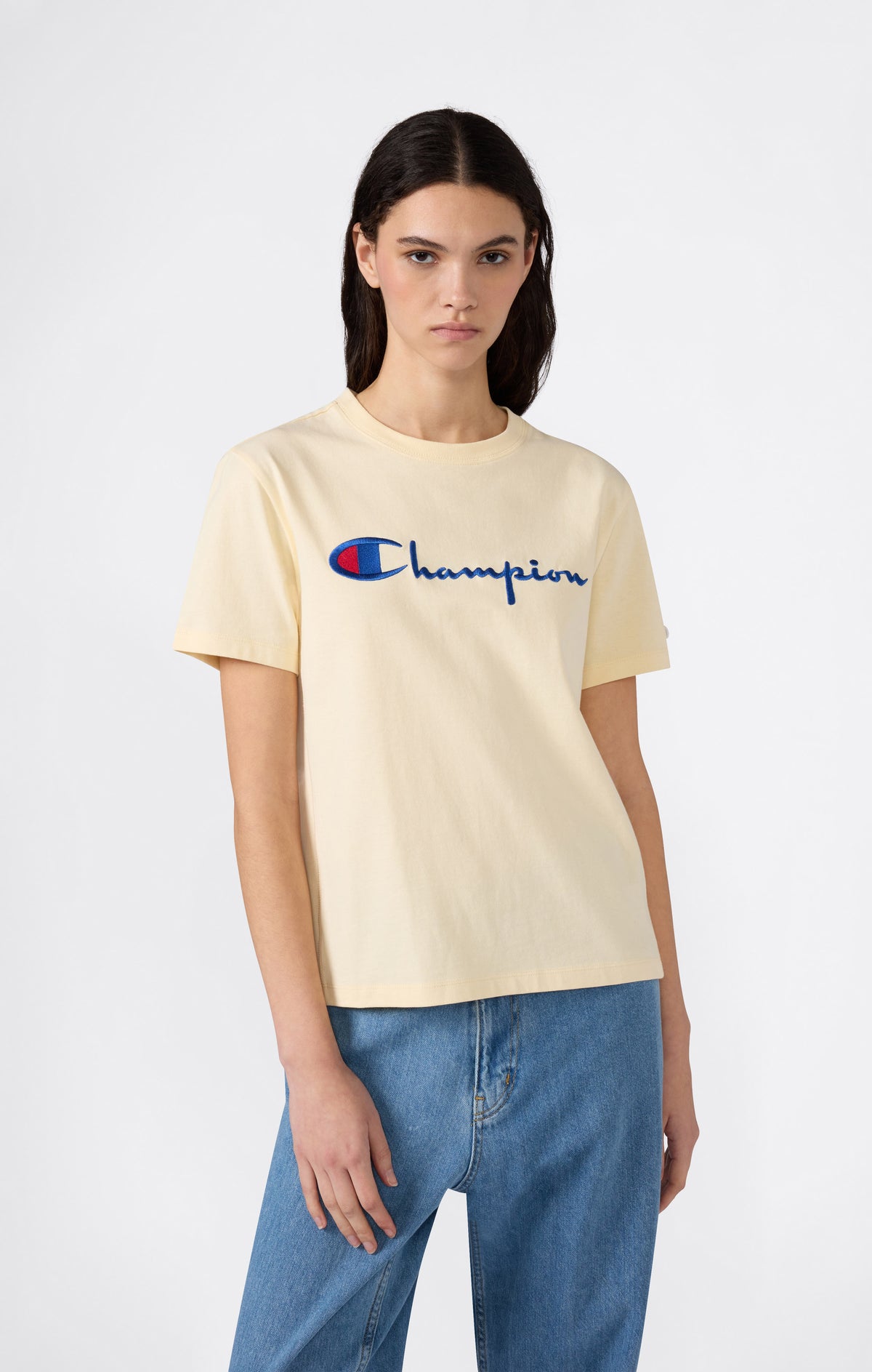 T-Shirt Girocollo con Logo Ricamato Reverse Weave da Donna