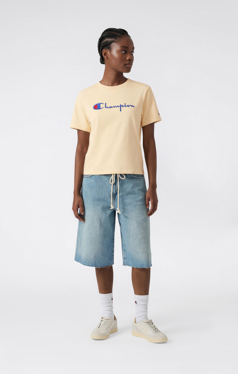 T-Shirt Girocollo con Logo Ricamato Reverse Weave da Donna