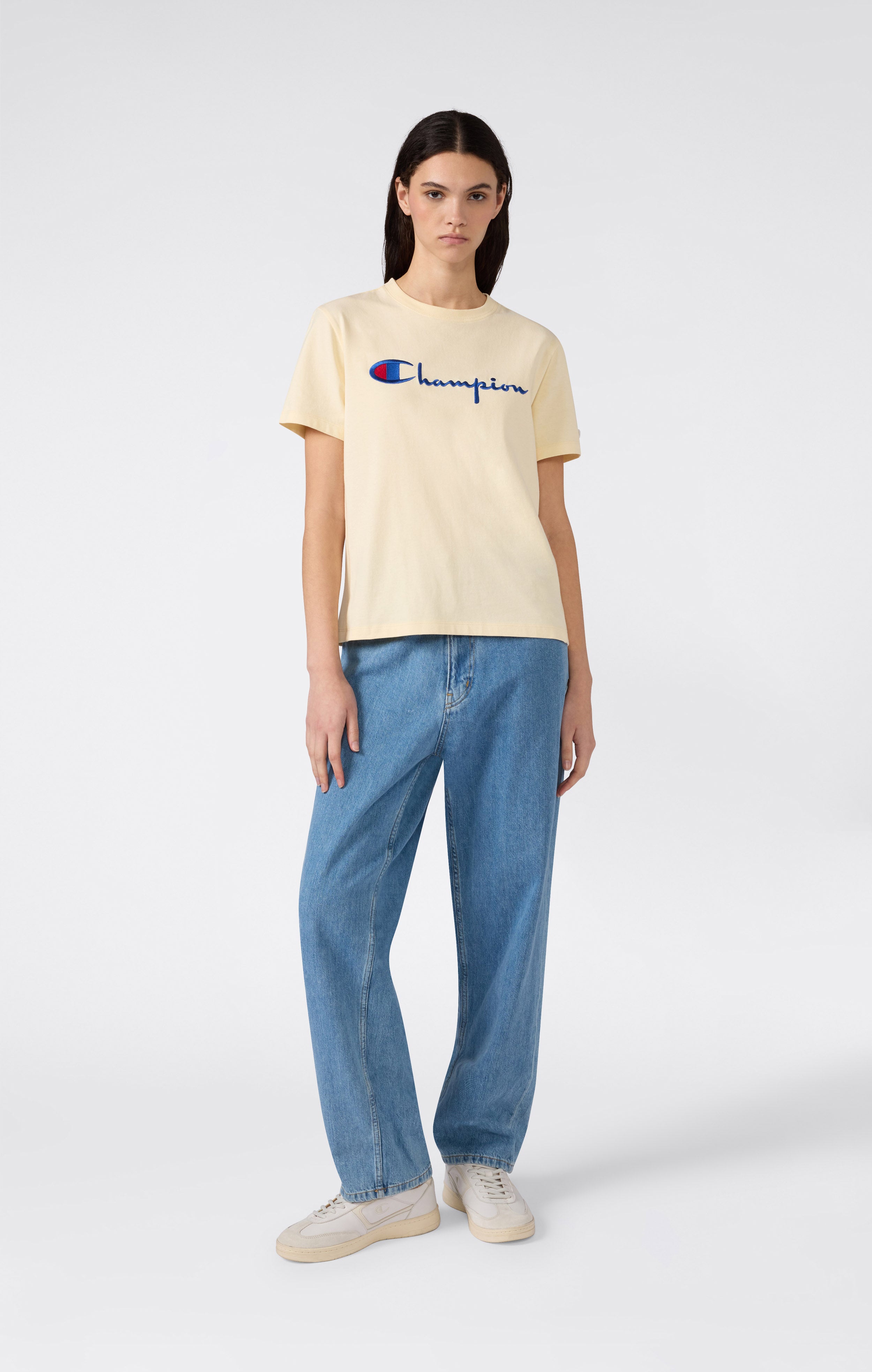 T-Shirt Girocollo con Logo Ricamato Reverse Weave da Donna