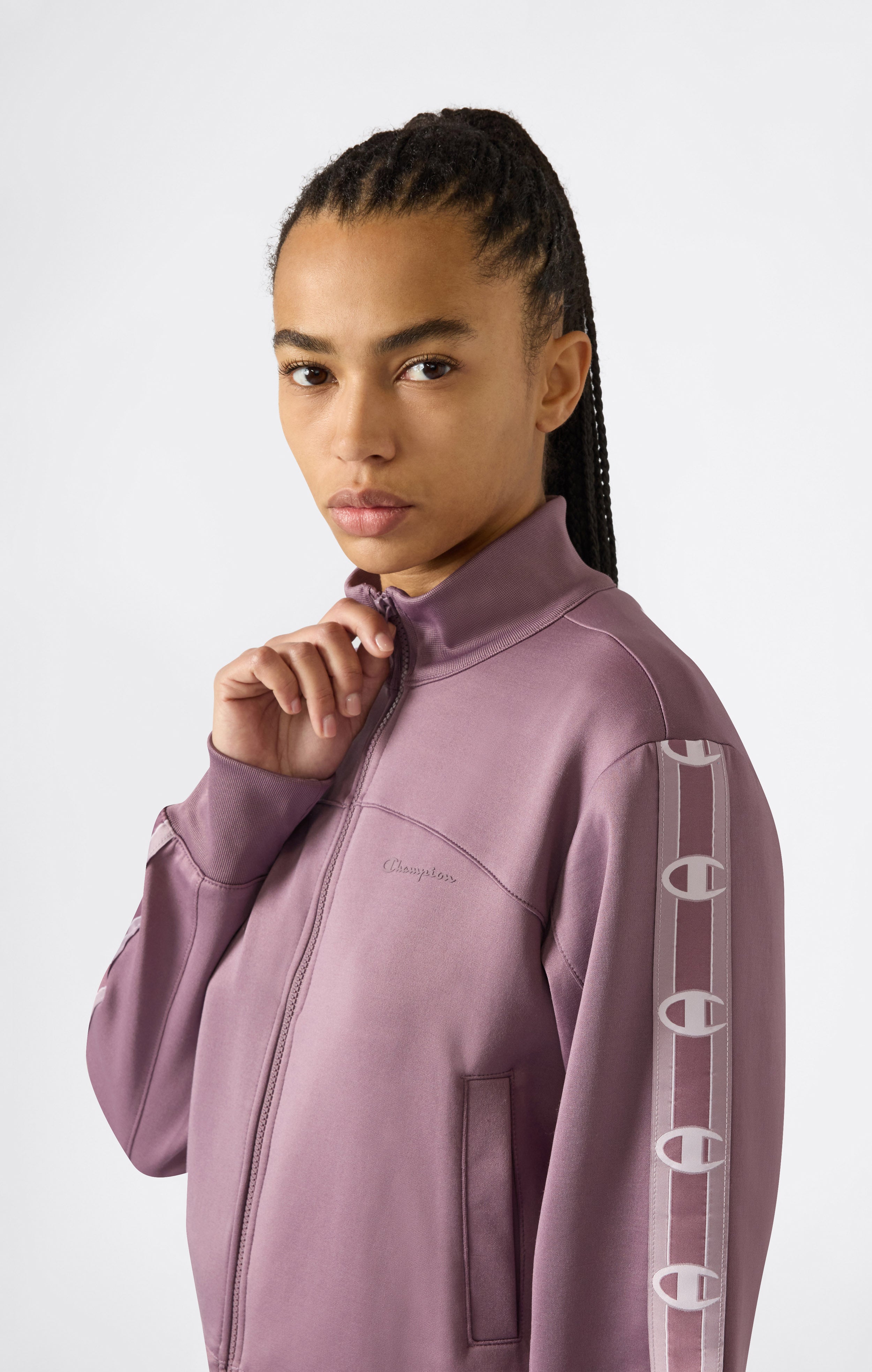 Damen Interlock Sweatshirt mit durchgehendem Reißverschluss und Tape Logo