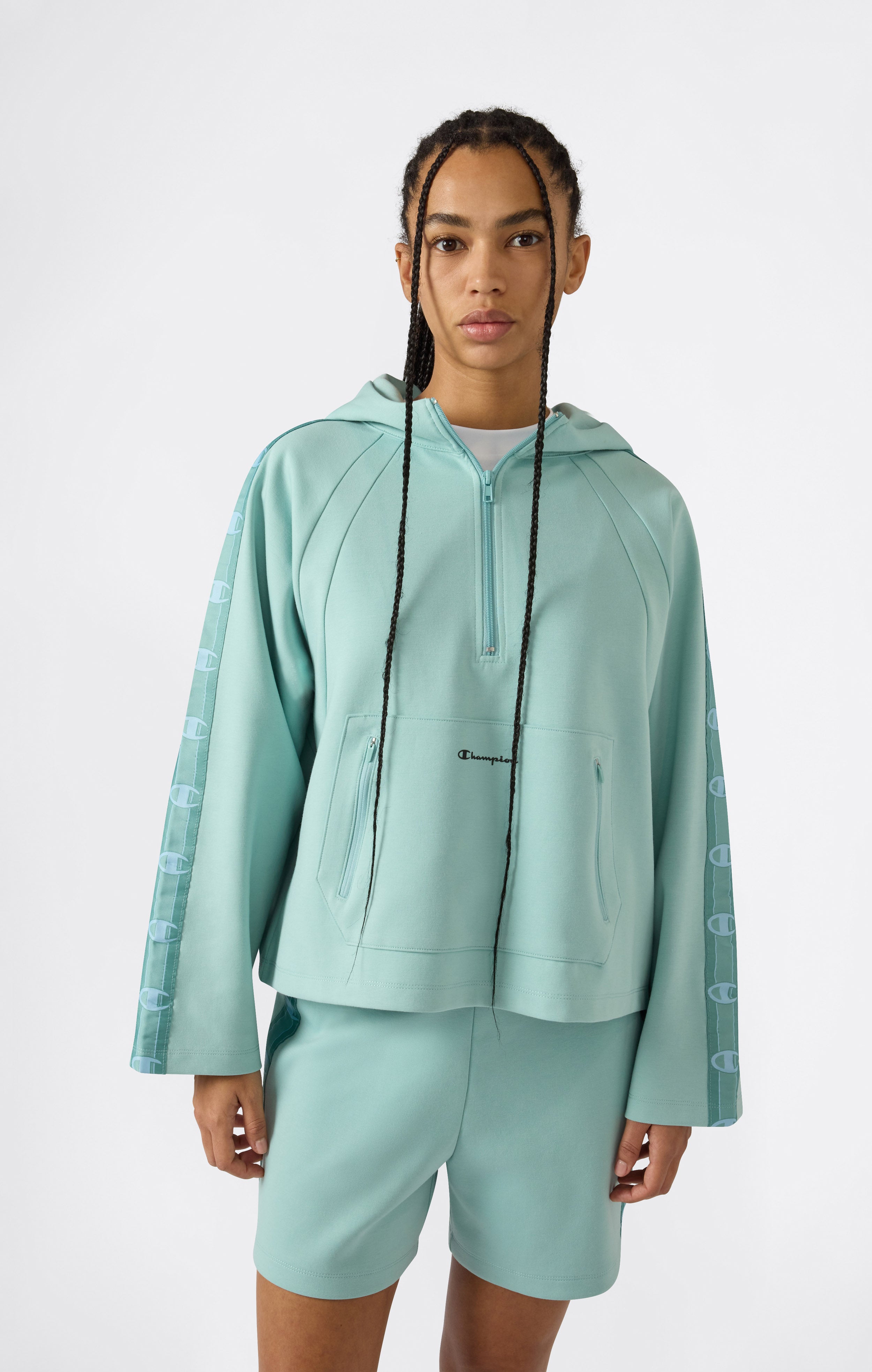 Sweat à Capuche en Interlock avec Demi-Zip et Tape Logo pour Femme