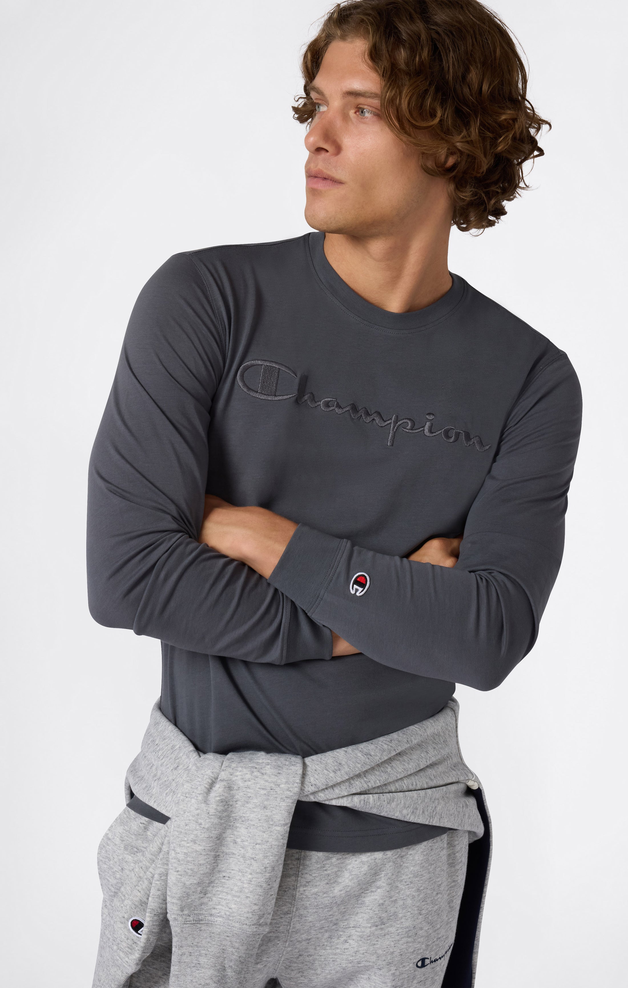 Herren Langarmshirt Mit Rundhalsausschnitt Und Großem Gesticktem Logo Icons