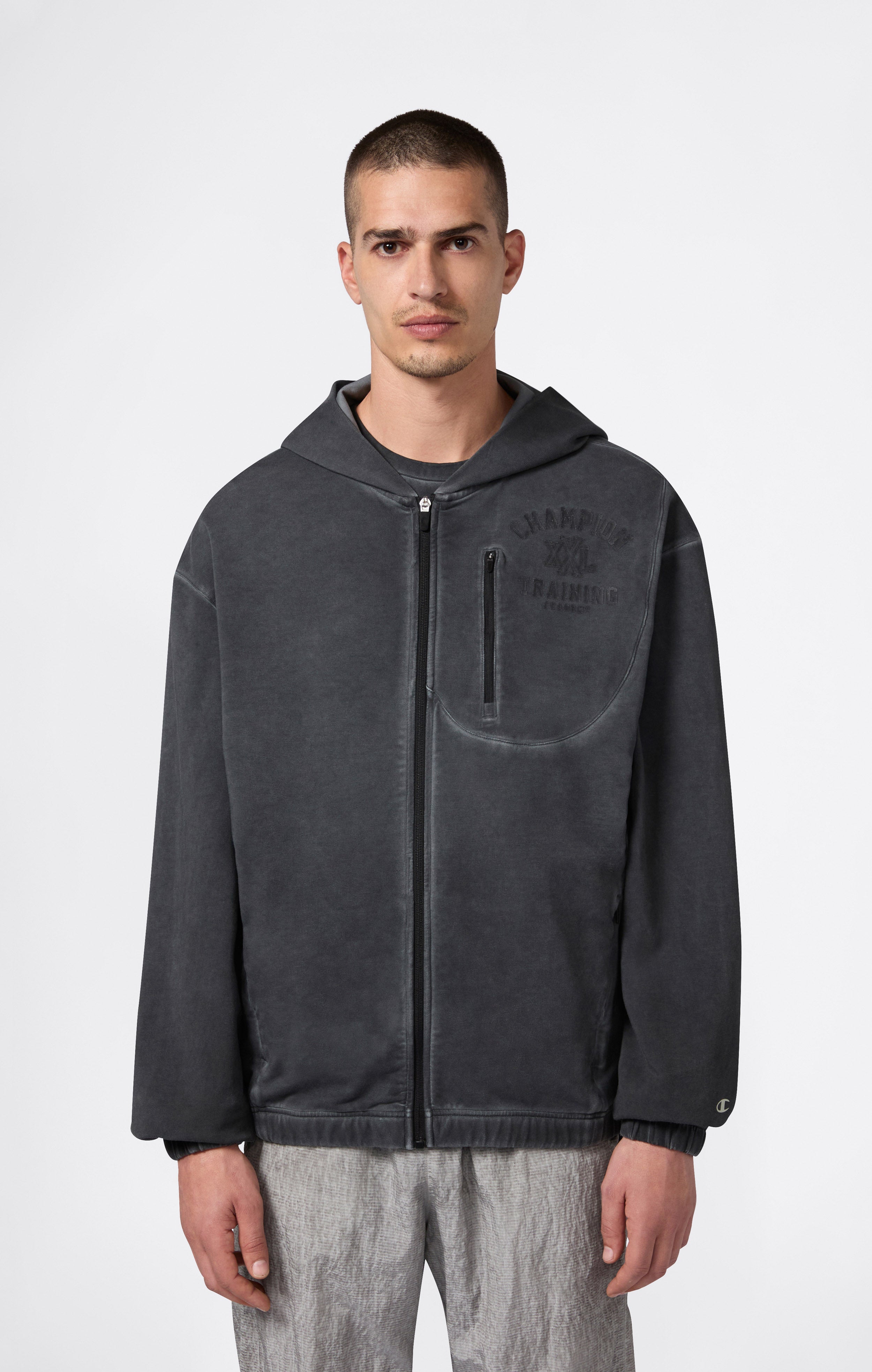 Men's Washed Full Zip & Chest Zip Pocket Hoodie Black athletics