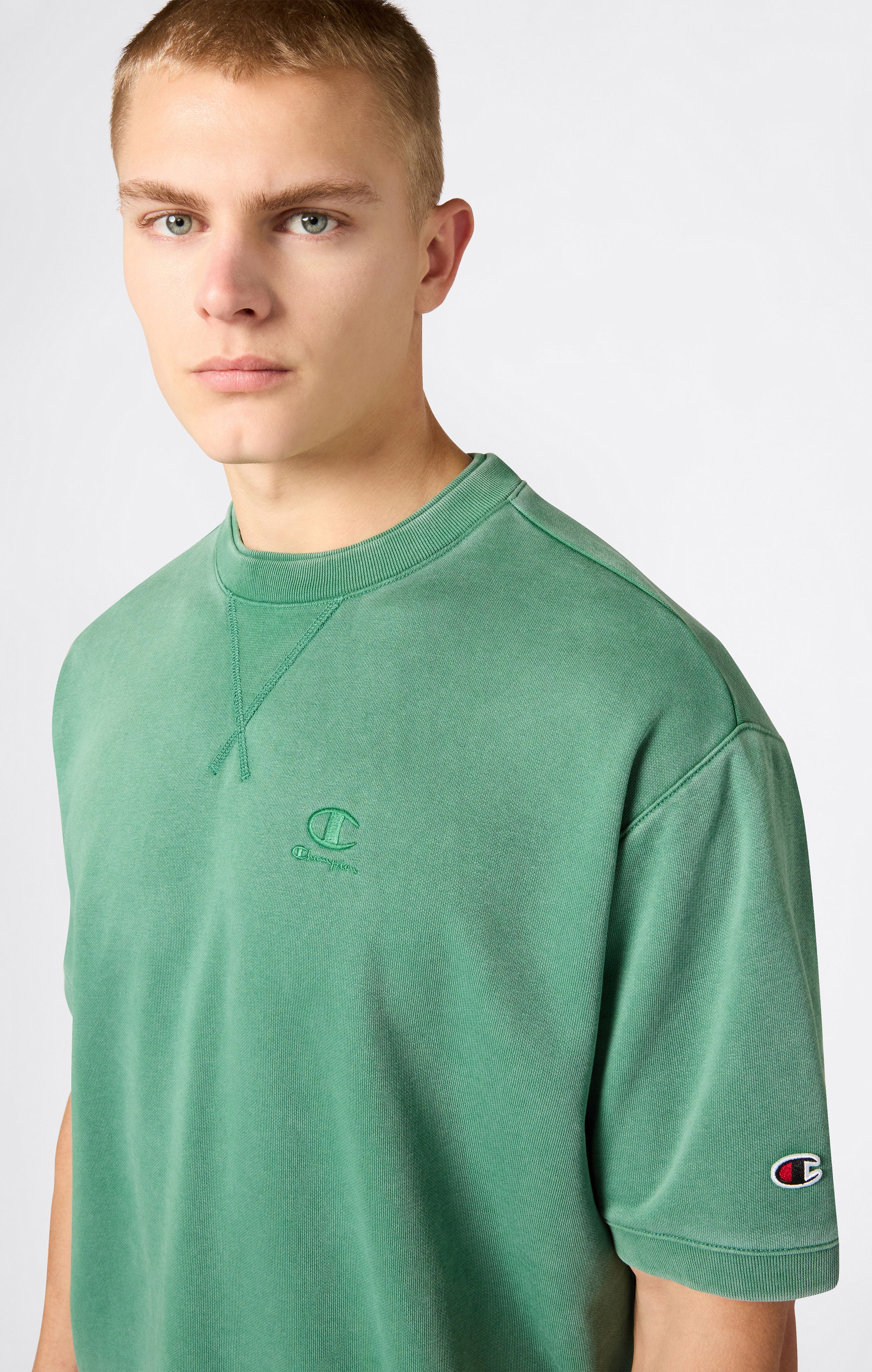 Men's Washed Effect Short Sleeve Crewneck Sweatshirt Icons Green