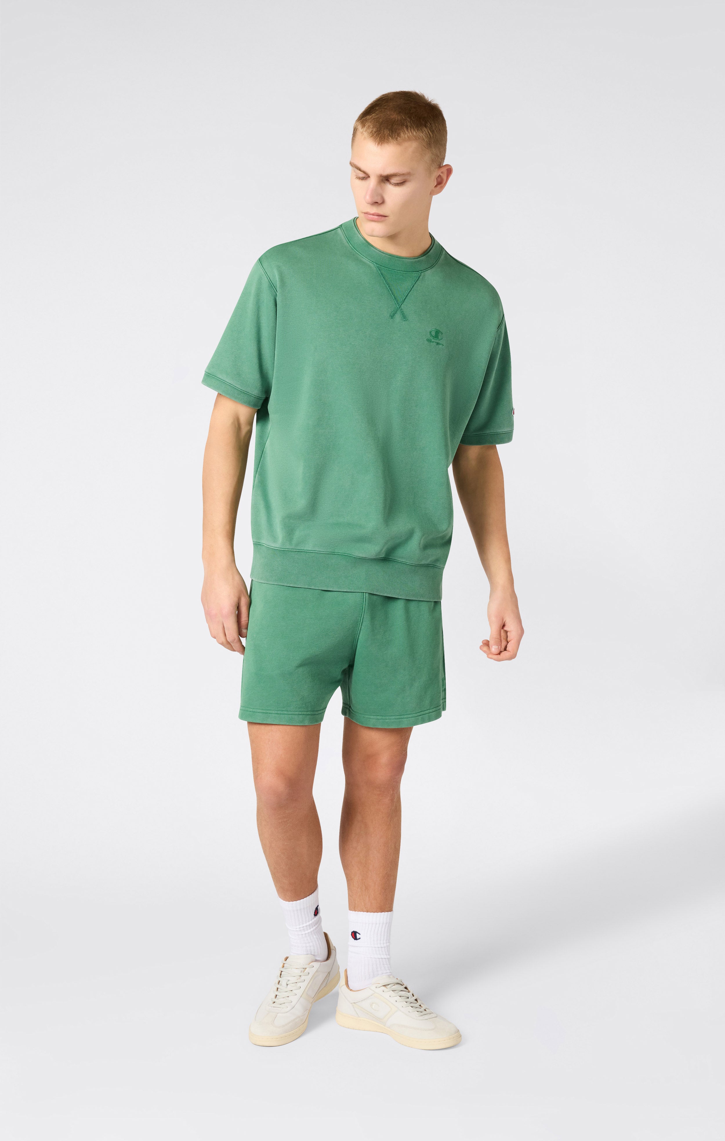 Men's Washed Effect Short Sleeve Crewneck Sweatshirt Icons Green