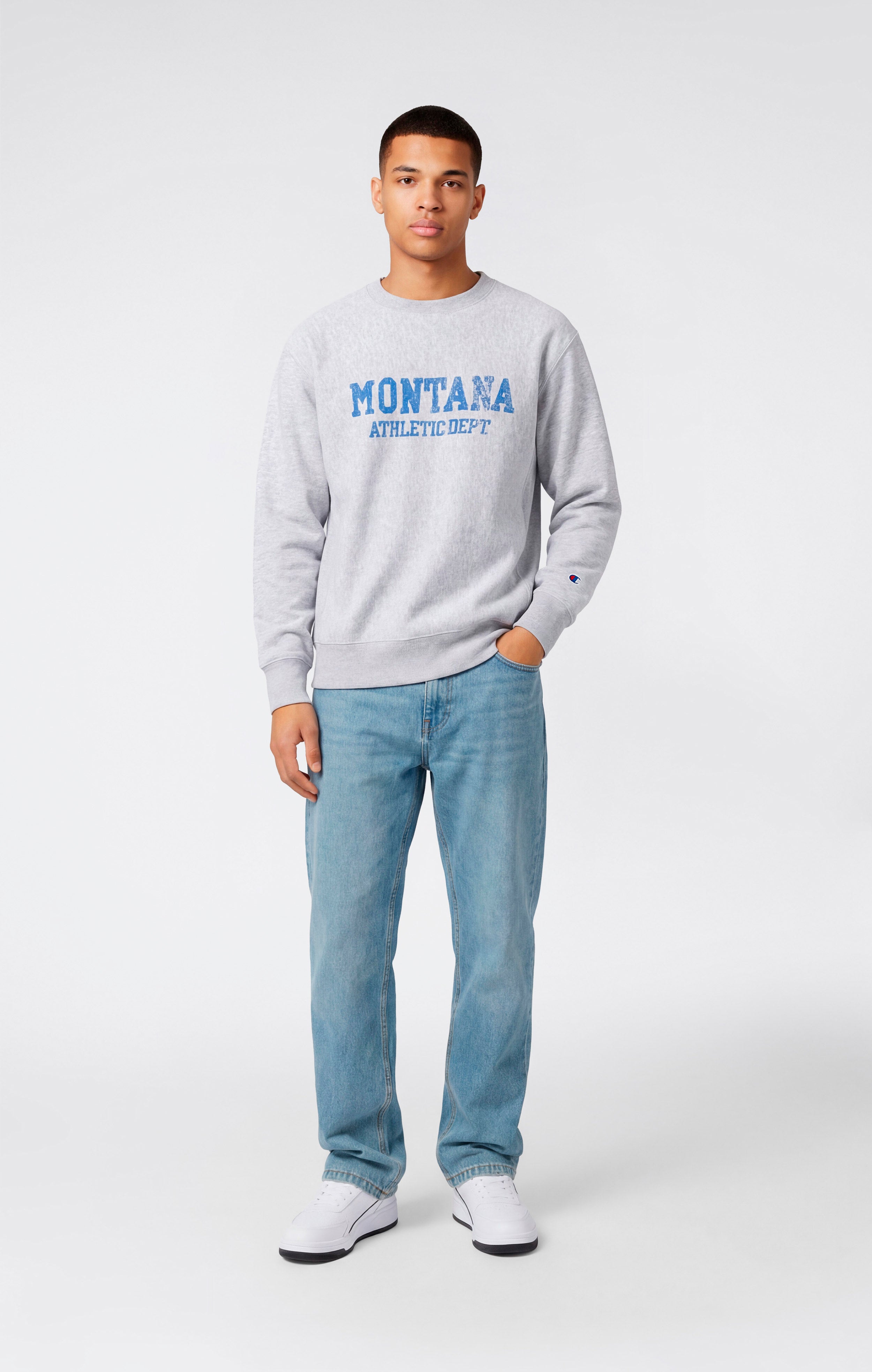 Sudadera Hombre Reverse Weave de Cuello Redondo con Interior Afelpado y Estampado