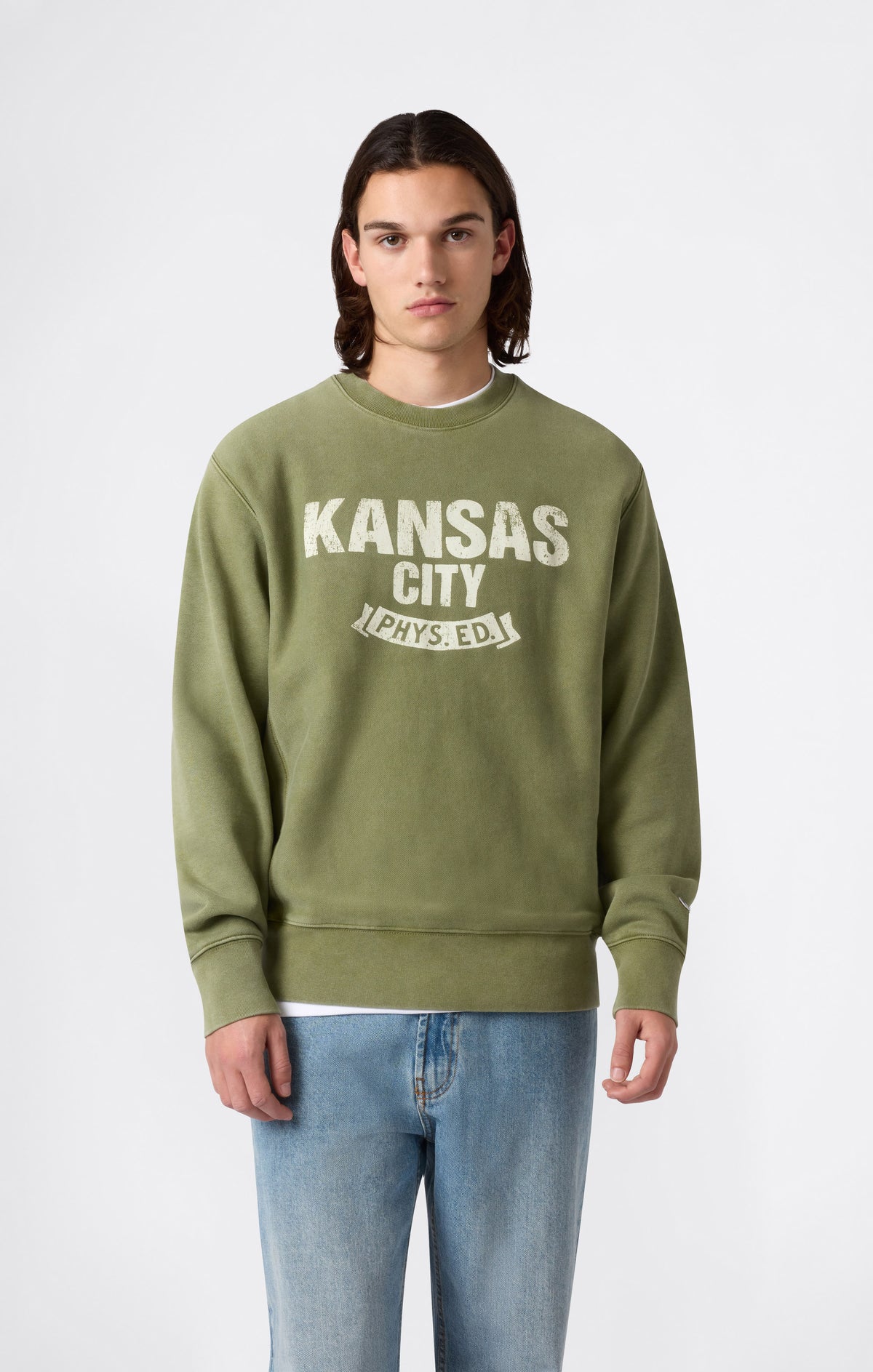 Herren Reverse Weave Rundhals-Sweatshirt in schwerer Qualität mit angerauter Innenseite und Print