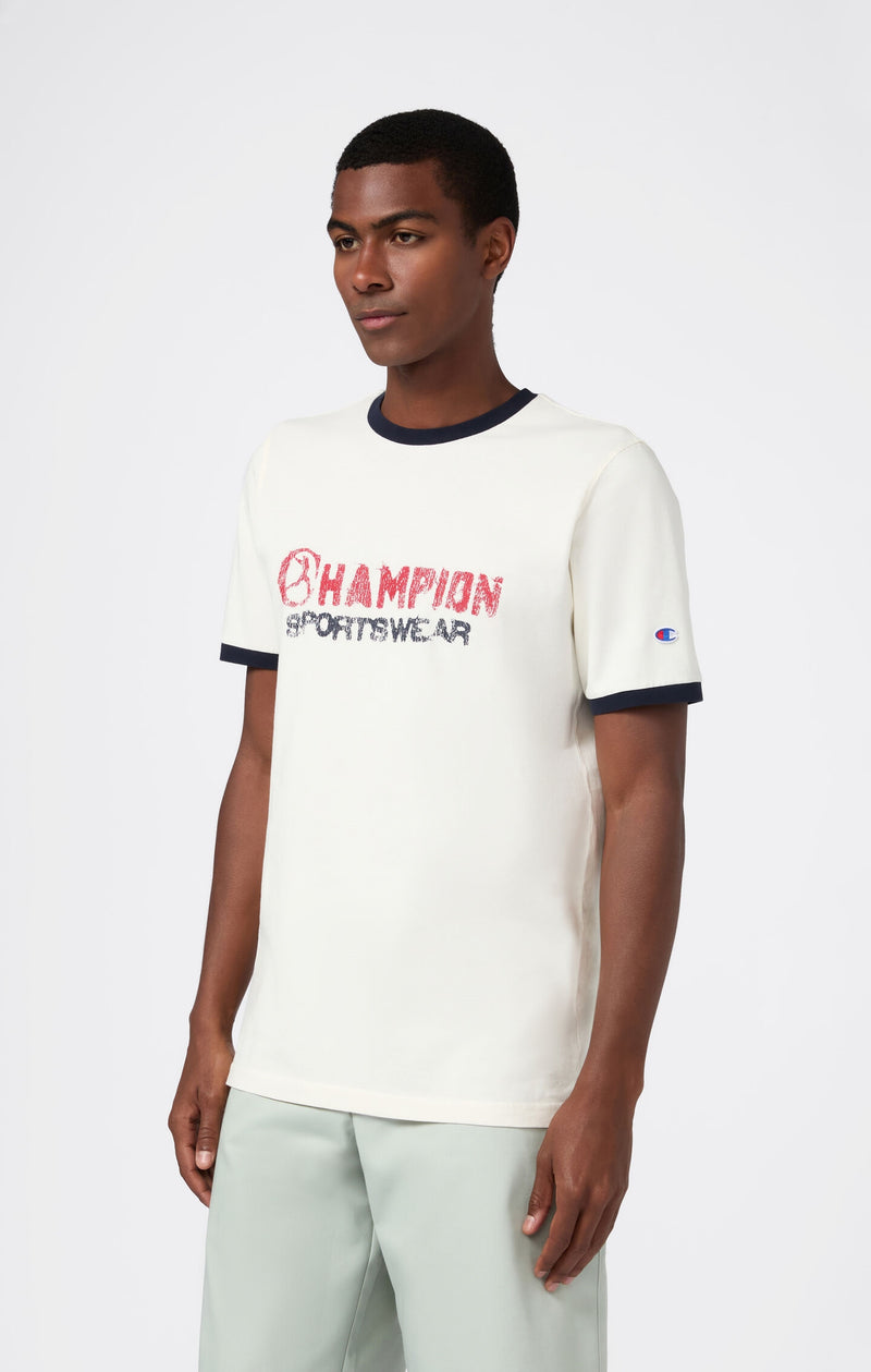 Men's crewneck T-shirt with graphic and contrast trims