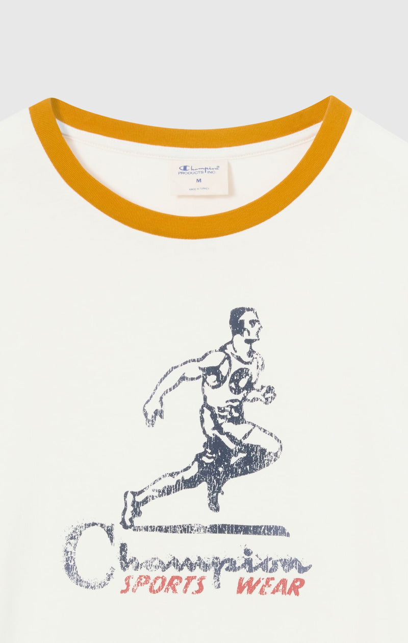 Men's crewneck T-shirt with graphic and contrast trims