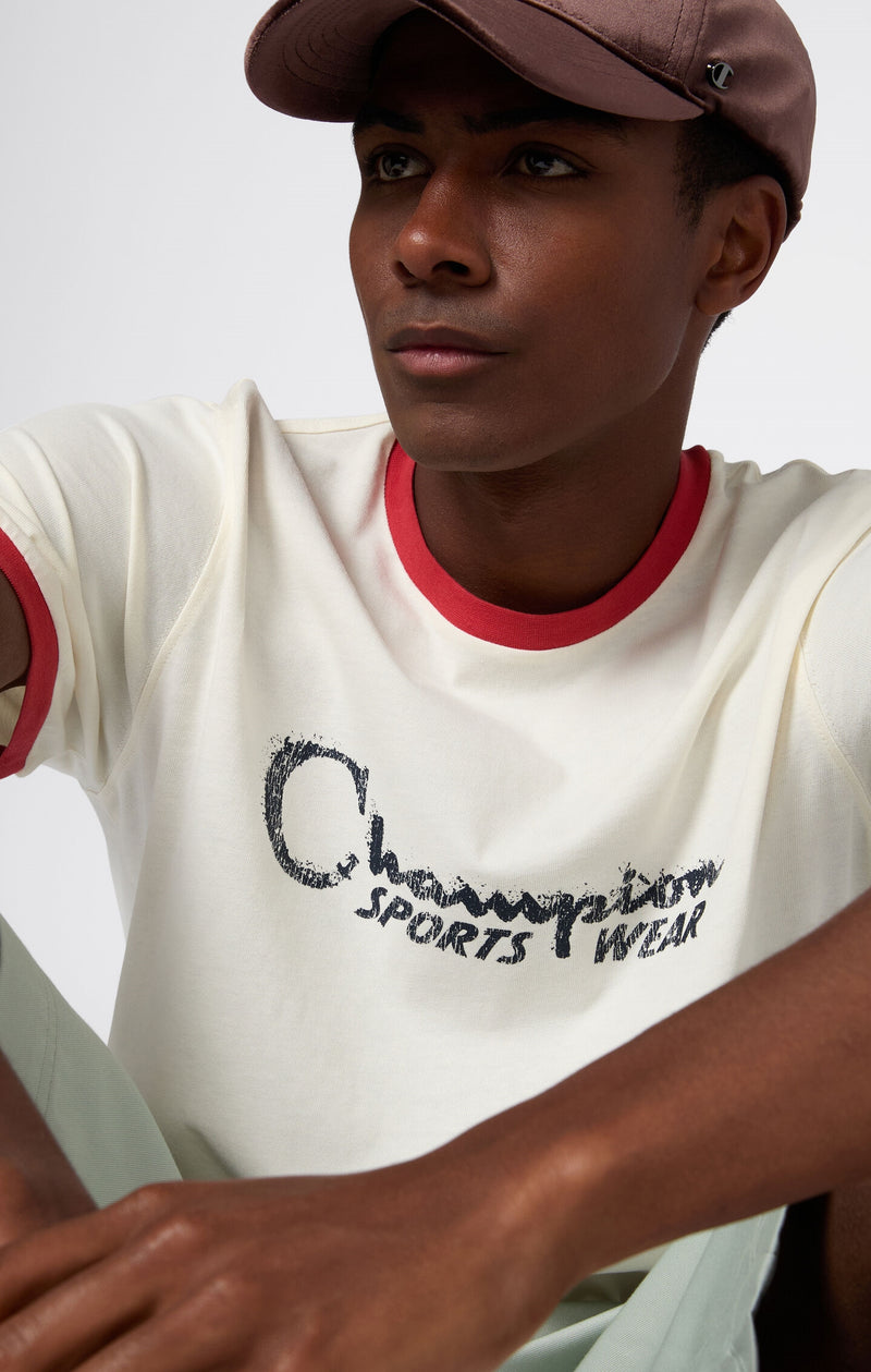 Men's crewneck T-shirt with graphic and contrast trims