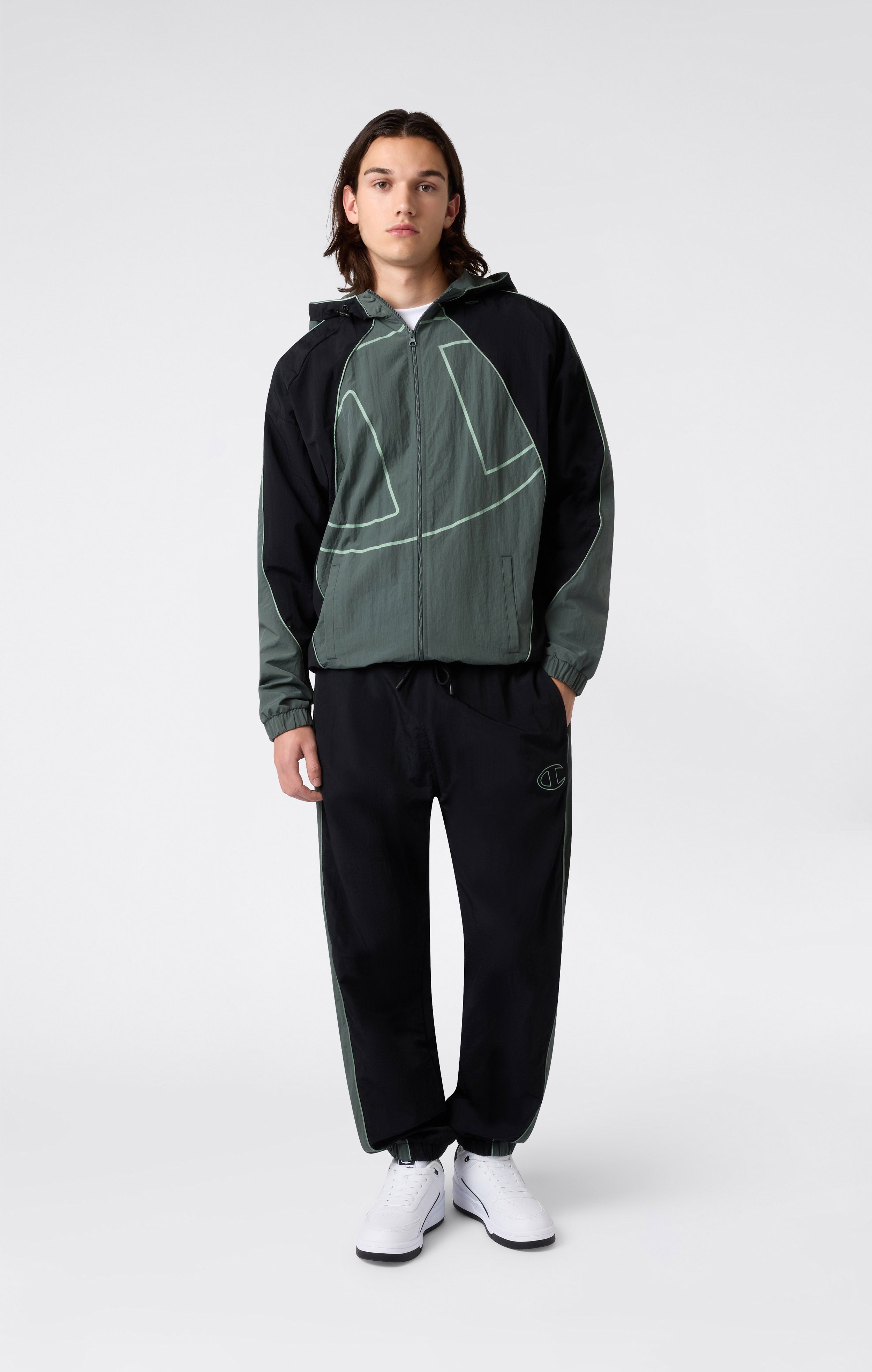 Men’s Woven Nylon Full-Zip Hooded Track Top Loose Fit