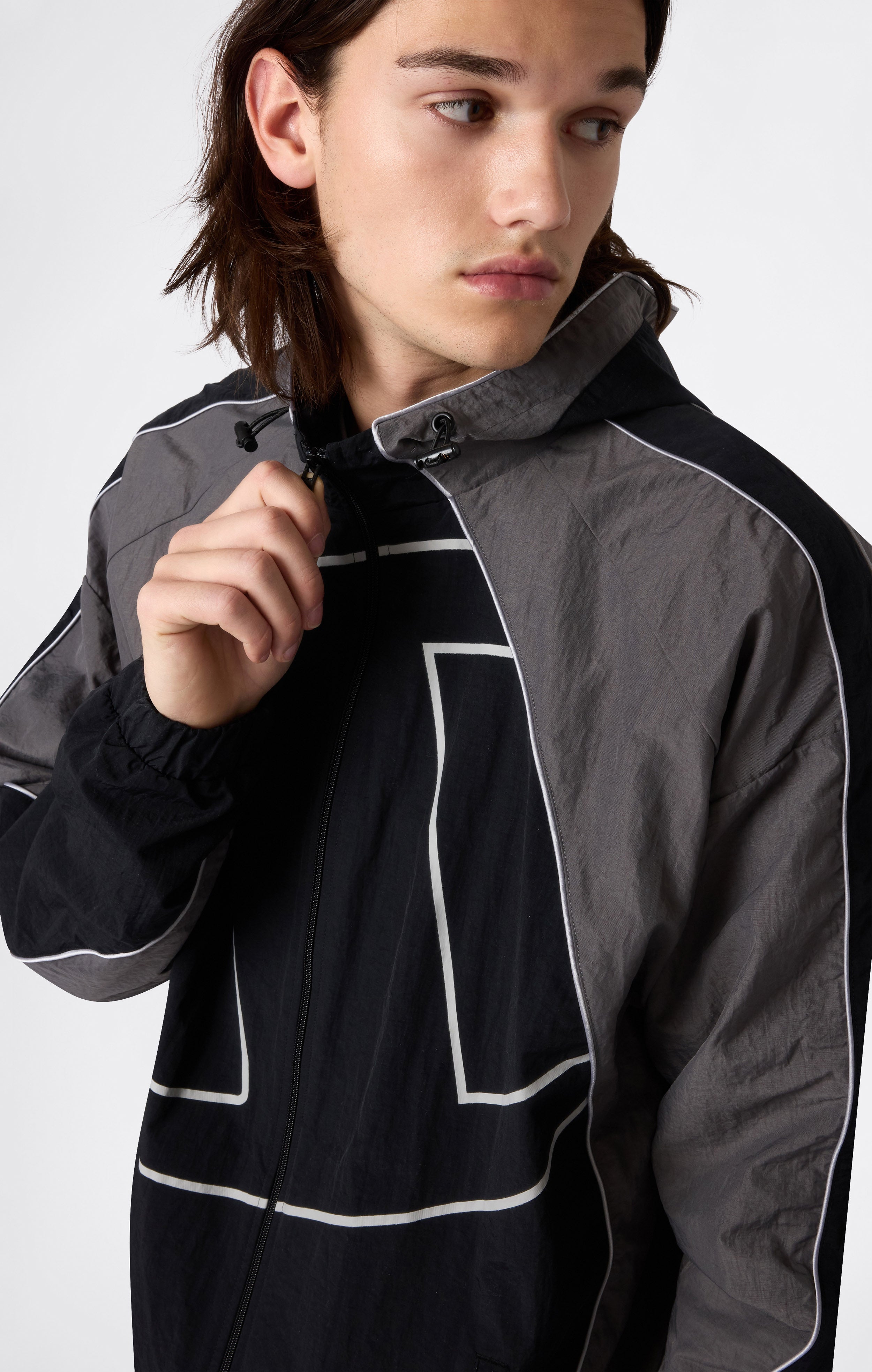 Men’s Woven Nylon Full-Zip Hooded Track Top Loose Fit