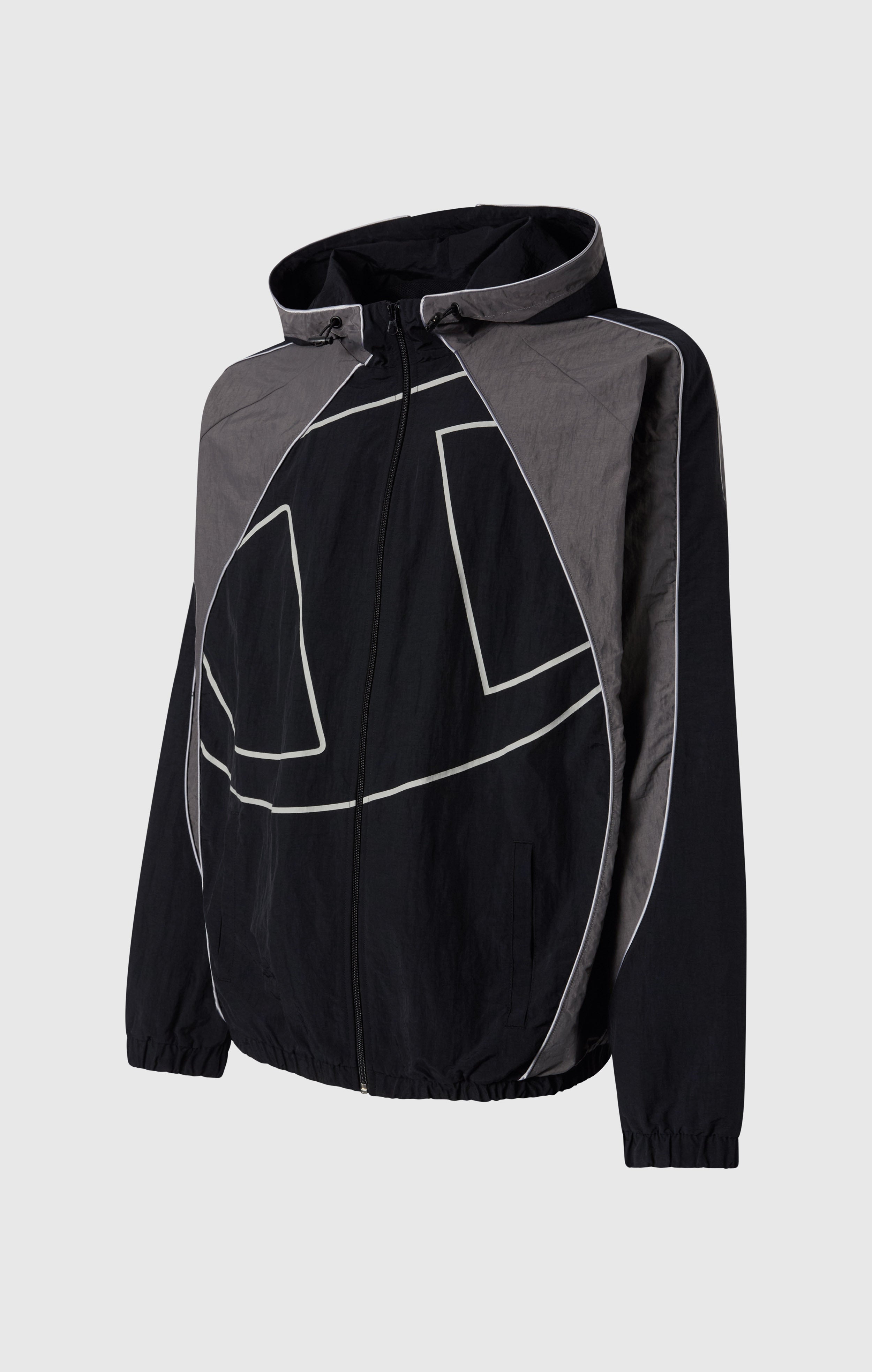 Men's Woven Nylon Full-Zip Hooded Track Top Loose Fit Black
