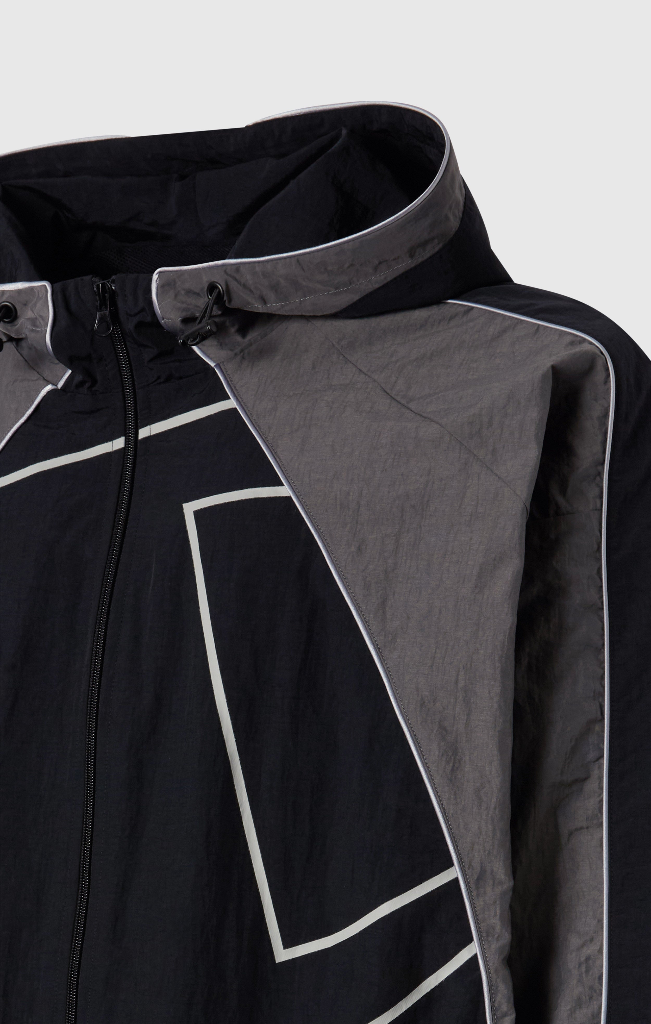 Men's Woven Nylon Full-Zip Hooded Track Top Loose Fit Black