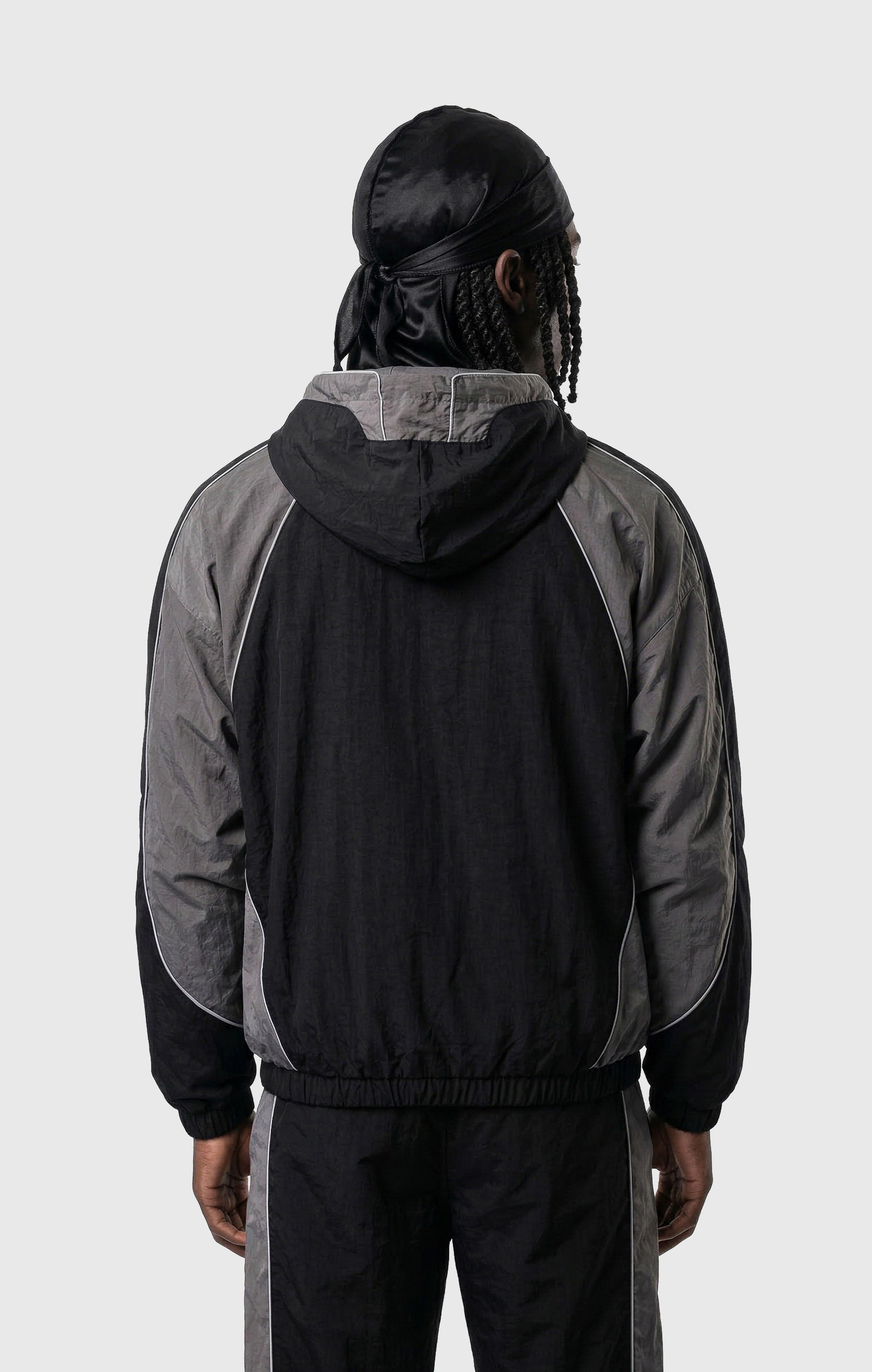 Men's Woven Nylon Full-Zip Hooded Track Top Loose Fit Black