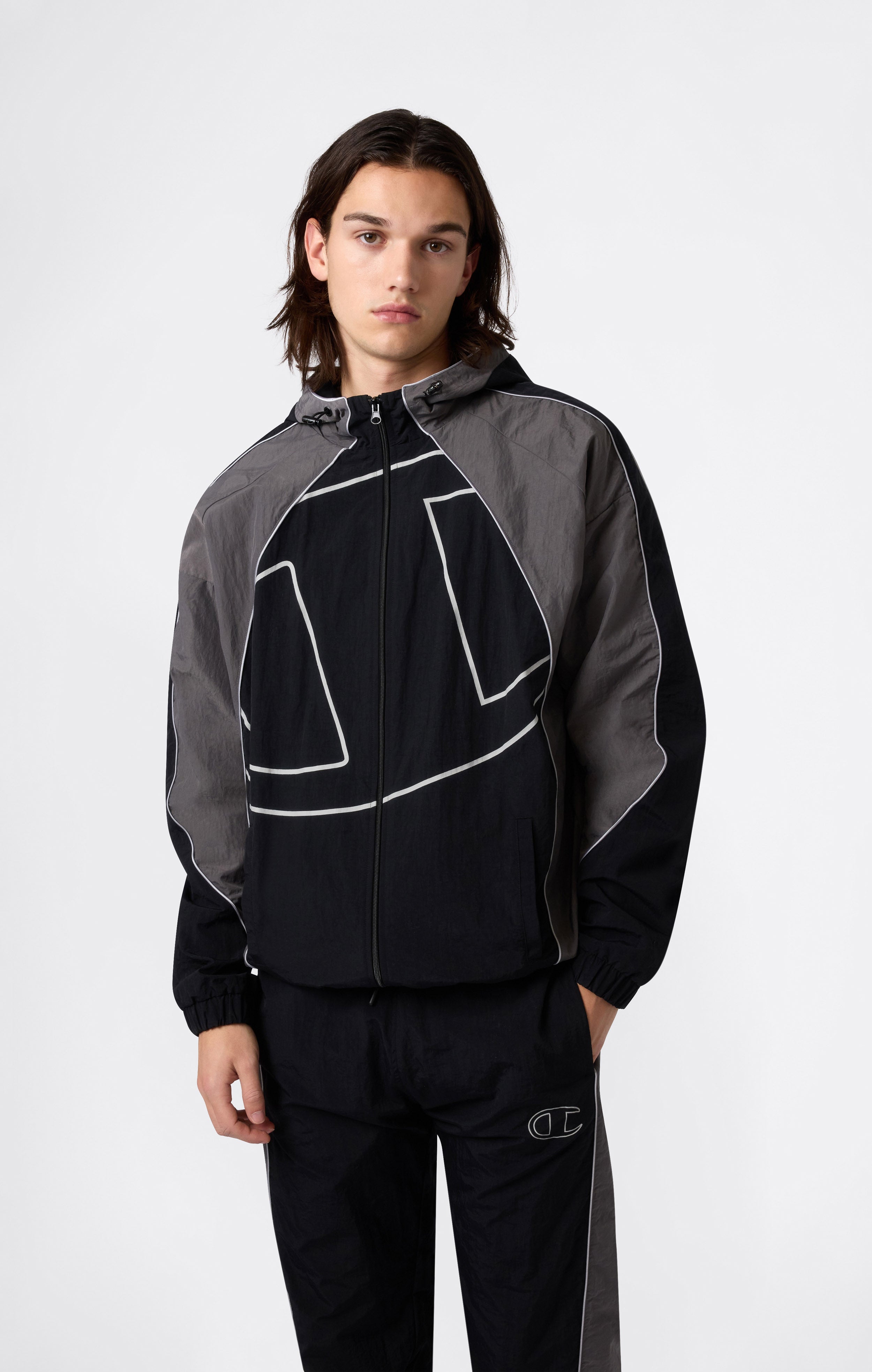 Men’s Woven Nylon Full-Zip Hooded Track Top Loose Fit