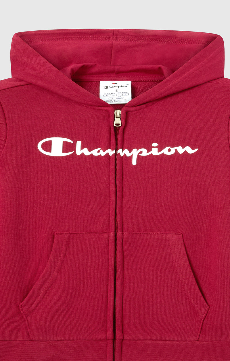 Boys' Full Zip Hoodie with Maxi Logo red script shop Champion