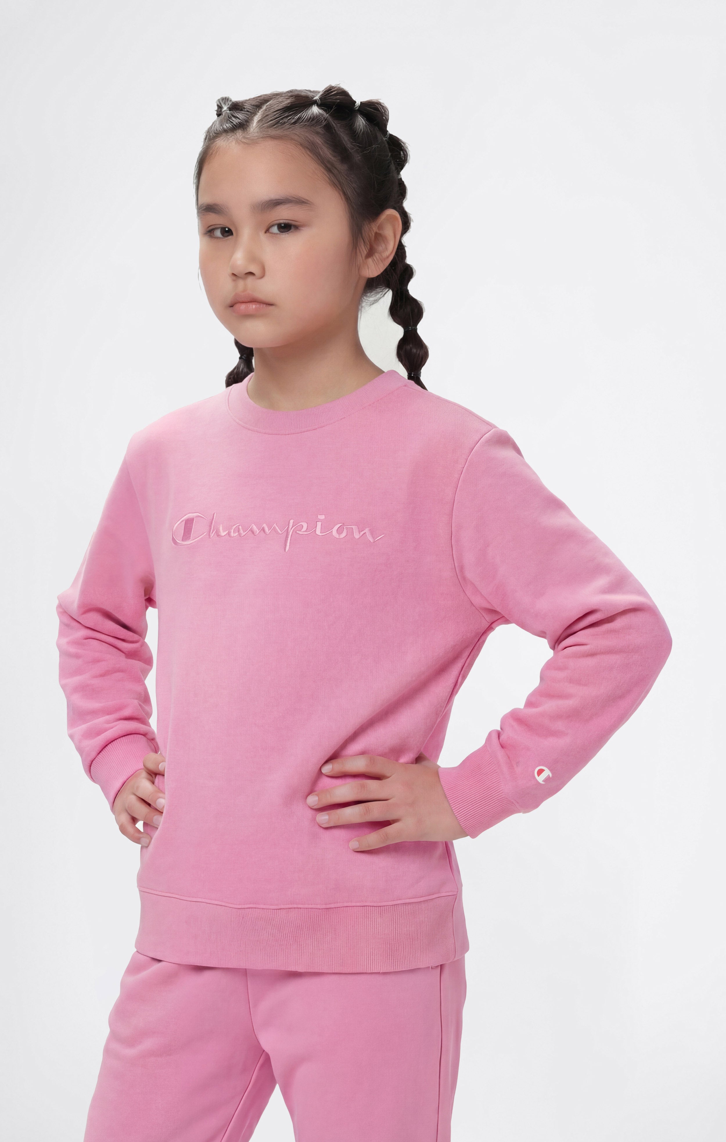 Girls’ Lightweight Crewneck Sweatshirt with Tonal Embroidered Maxi Logo Icons
