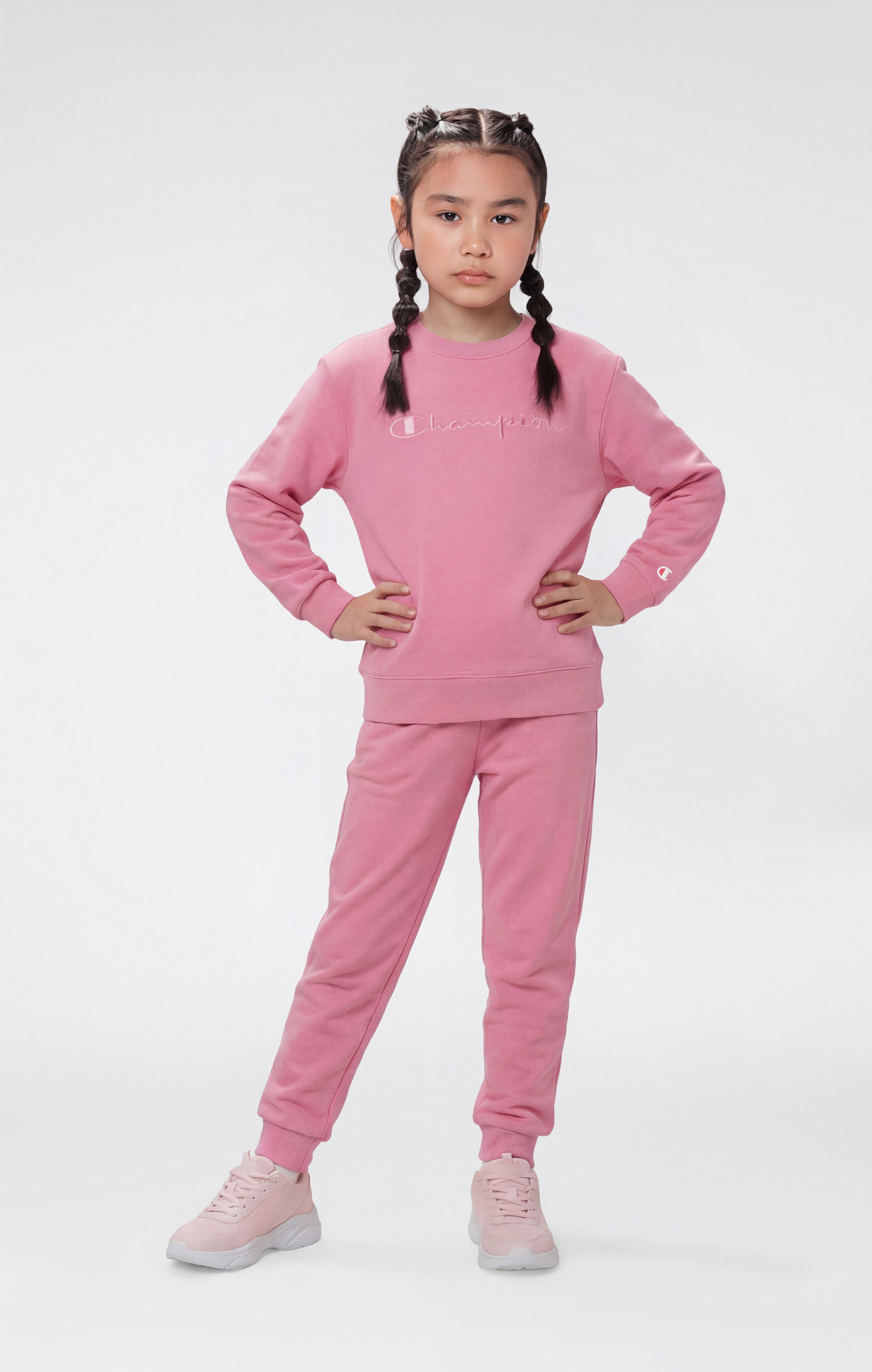 Girls’ Lightweight Crewneck Sweatshirt with Tonal Embroidered Maxi Logo Icons