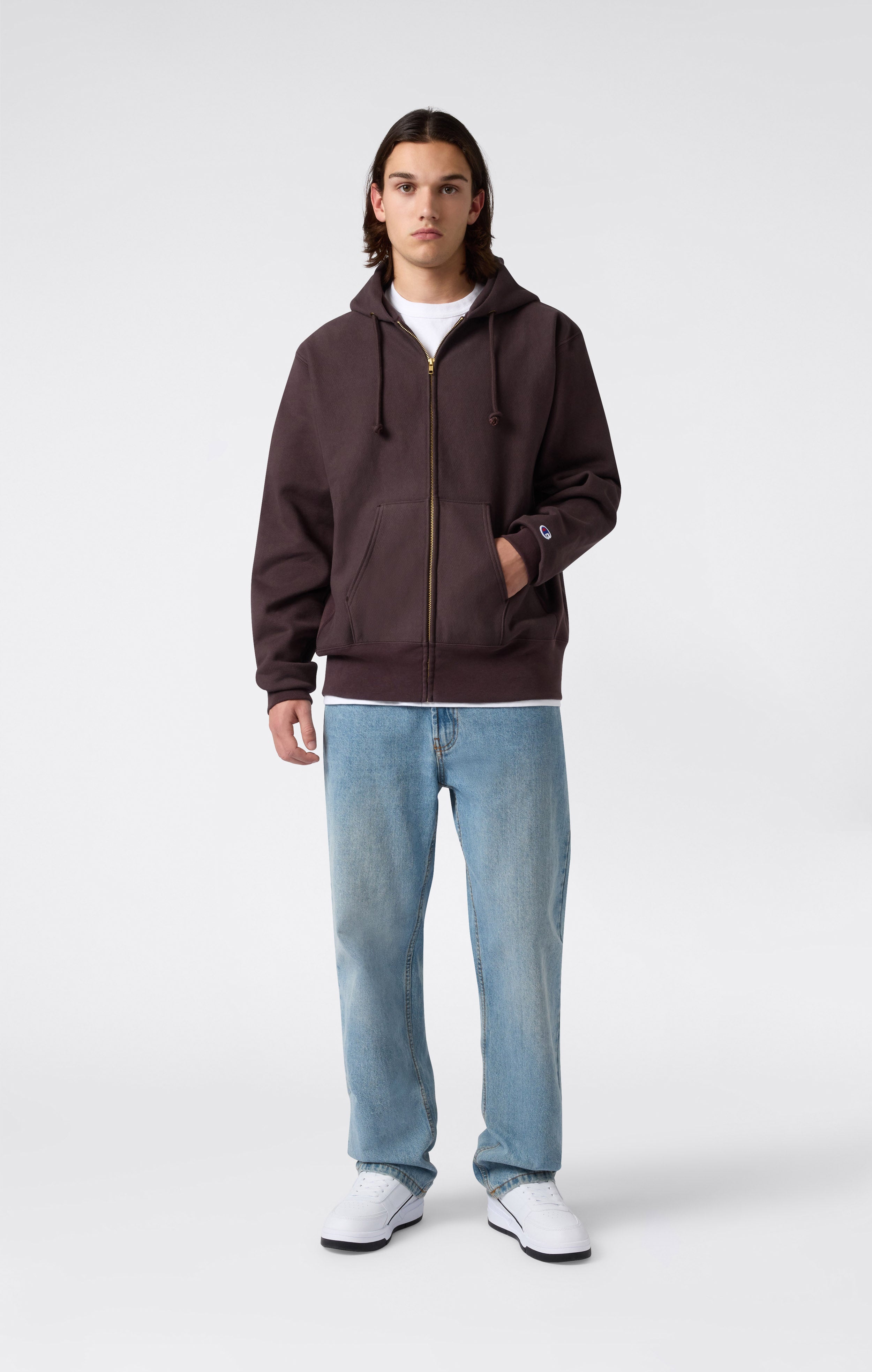 Men's Fleece Reverse Weave Zip Hooded Sweatshirt Made in USA Brown