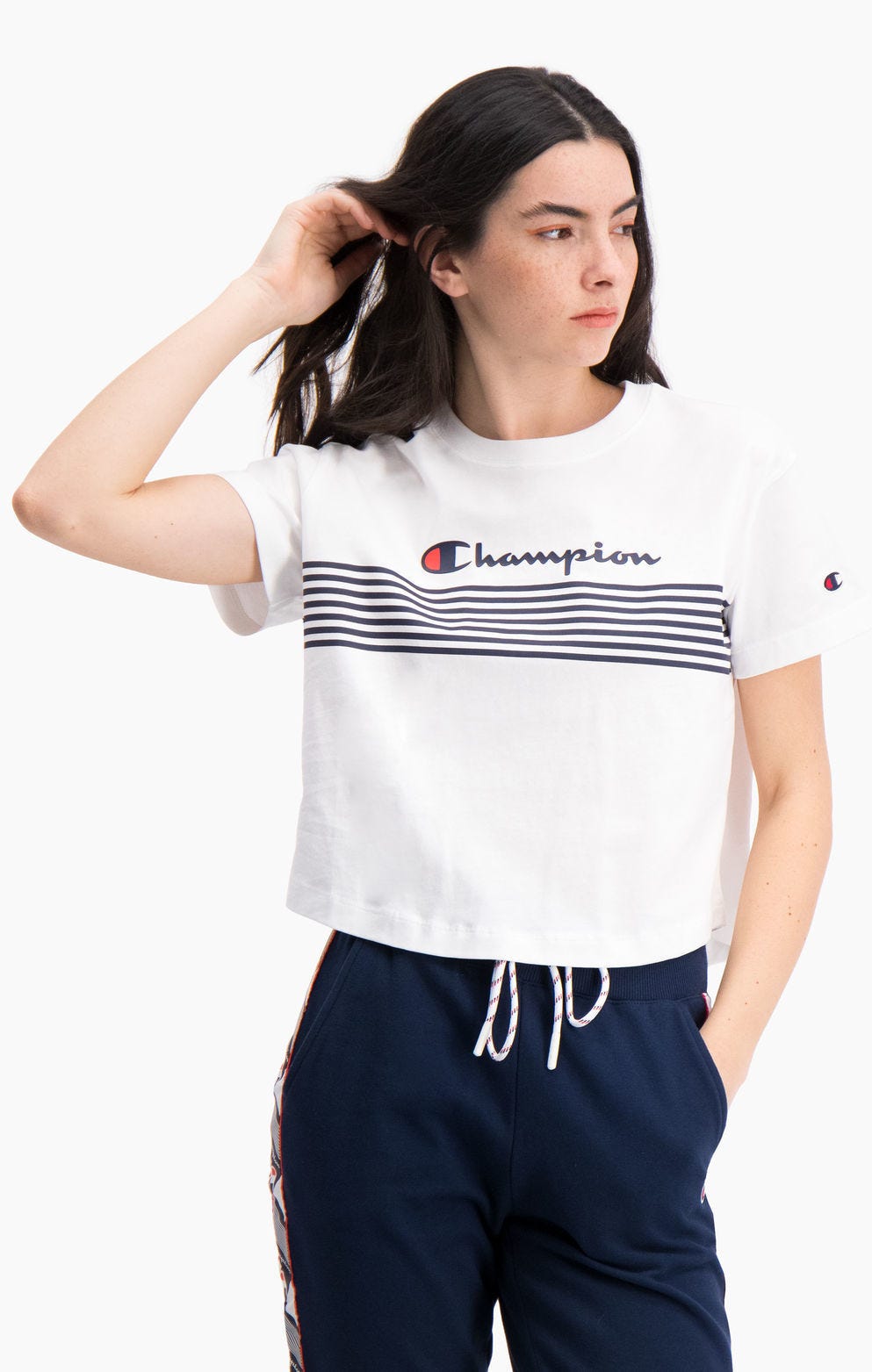 Script Logo Stripe Curved Hem Cropped T-Shirt